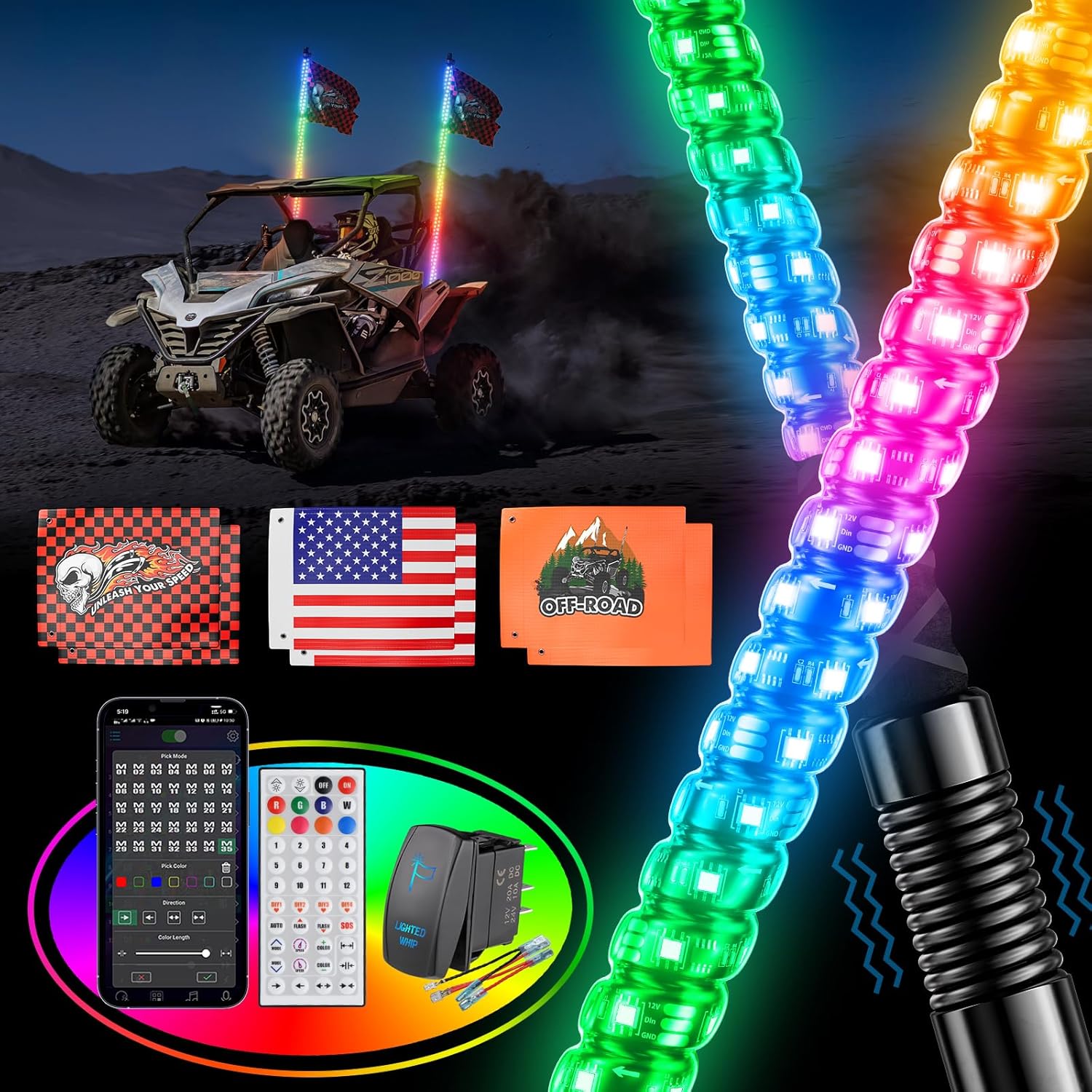 2PCS 3FT Whip Lights for UTV ATV with Spring Base, Tripled Brighter Led Whip Lig...