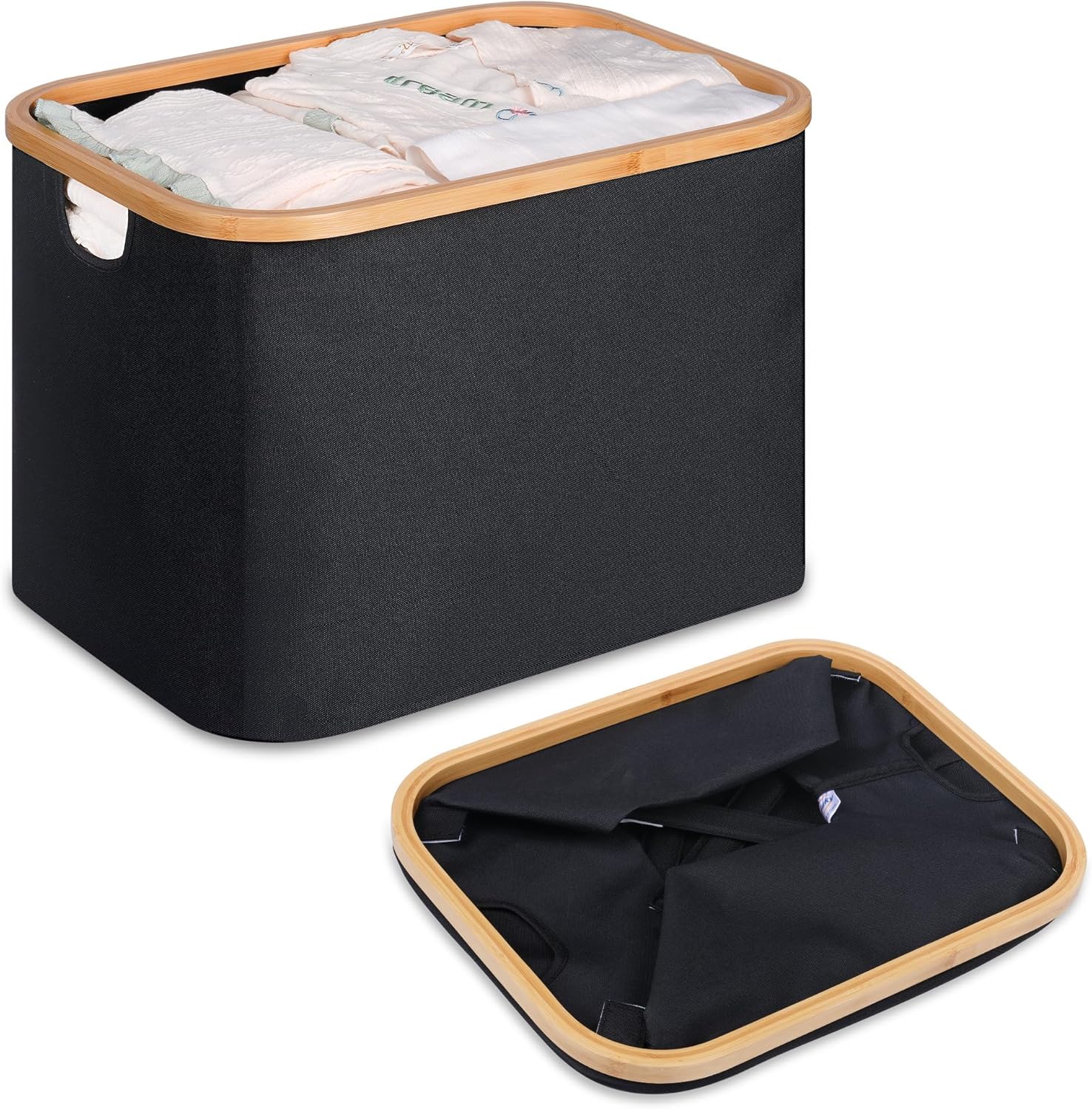 efluky Foldable Washing Basket, 48L Bamboo Laundry Basket, Collapsible Laundry B...