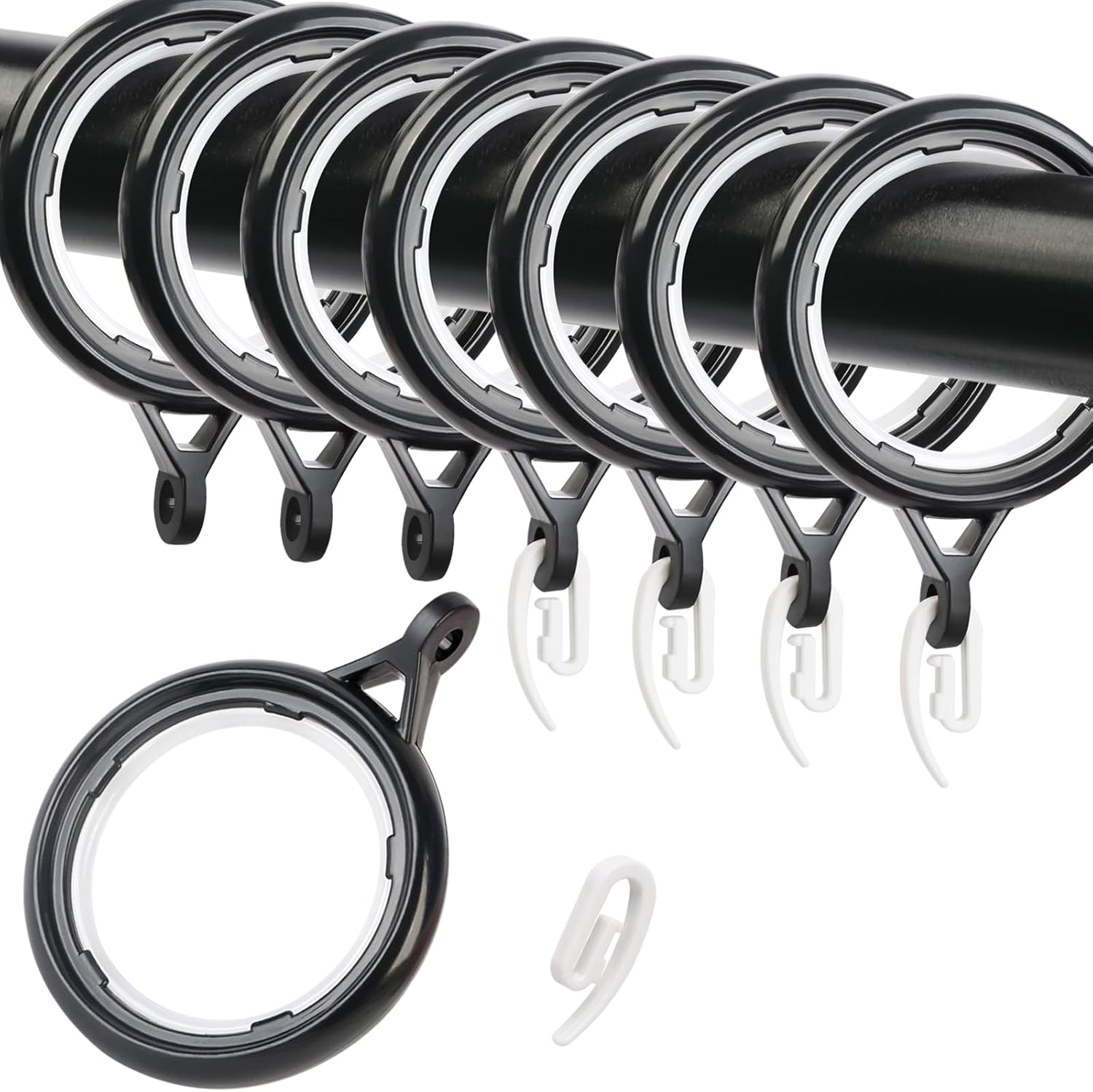 WCIC 32 Pack Curtain Rings and Hooks Black 40mm Hanging Rings Hooks Plastic Curt...