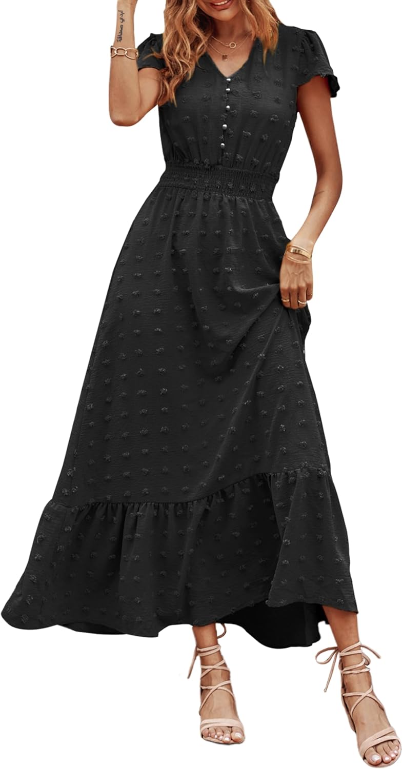 PRETTYGARDEN Women's Dresses, Special Boho Short Sleeve V Neck Swiss Dot Ruffle...