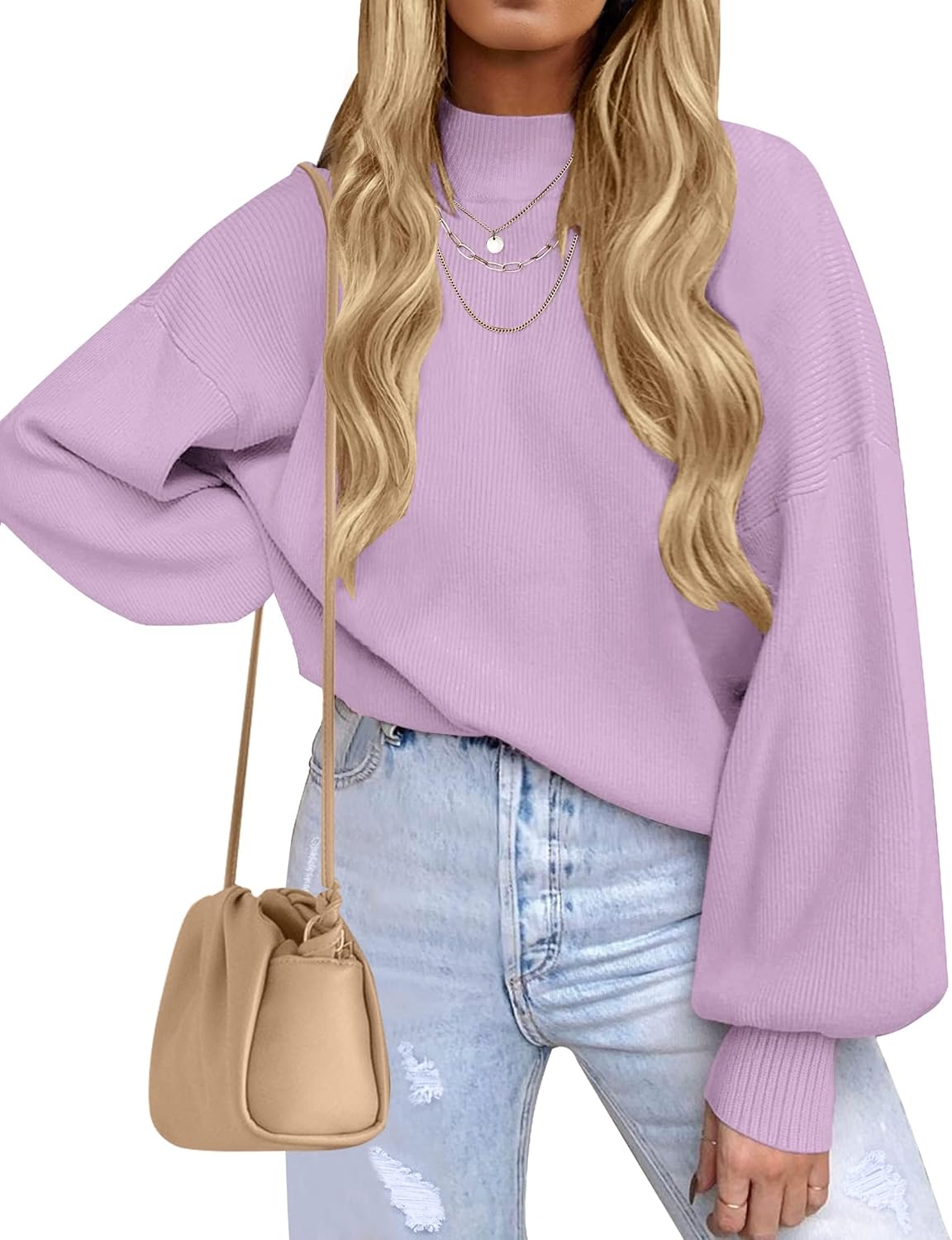 ZESICA Women's Sweater, Special Casual Turtleneck Long Lantern Sleeve Sweater, I...