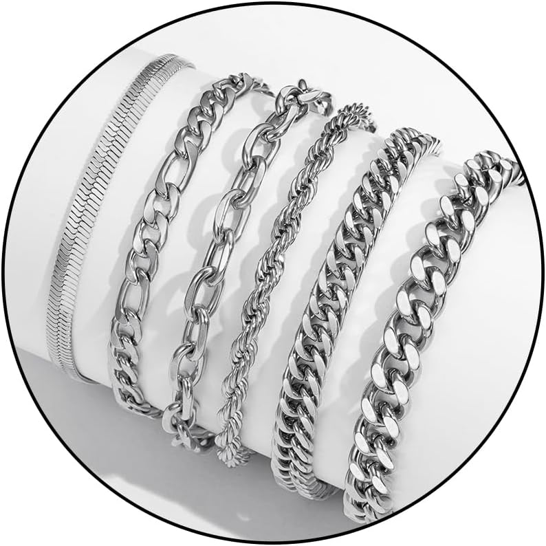 Zocomi 6 Pcs Chain Bracelet for Men Women - Stainless Steel Cuban Curb Link Rope...