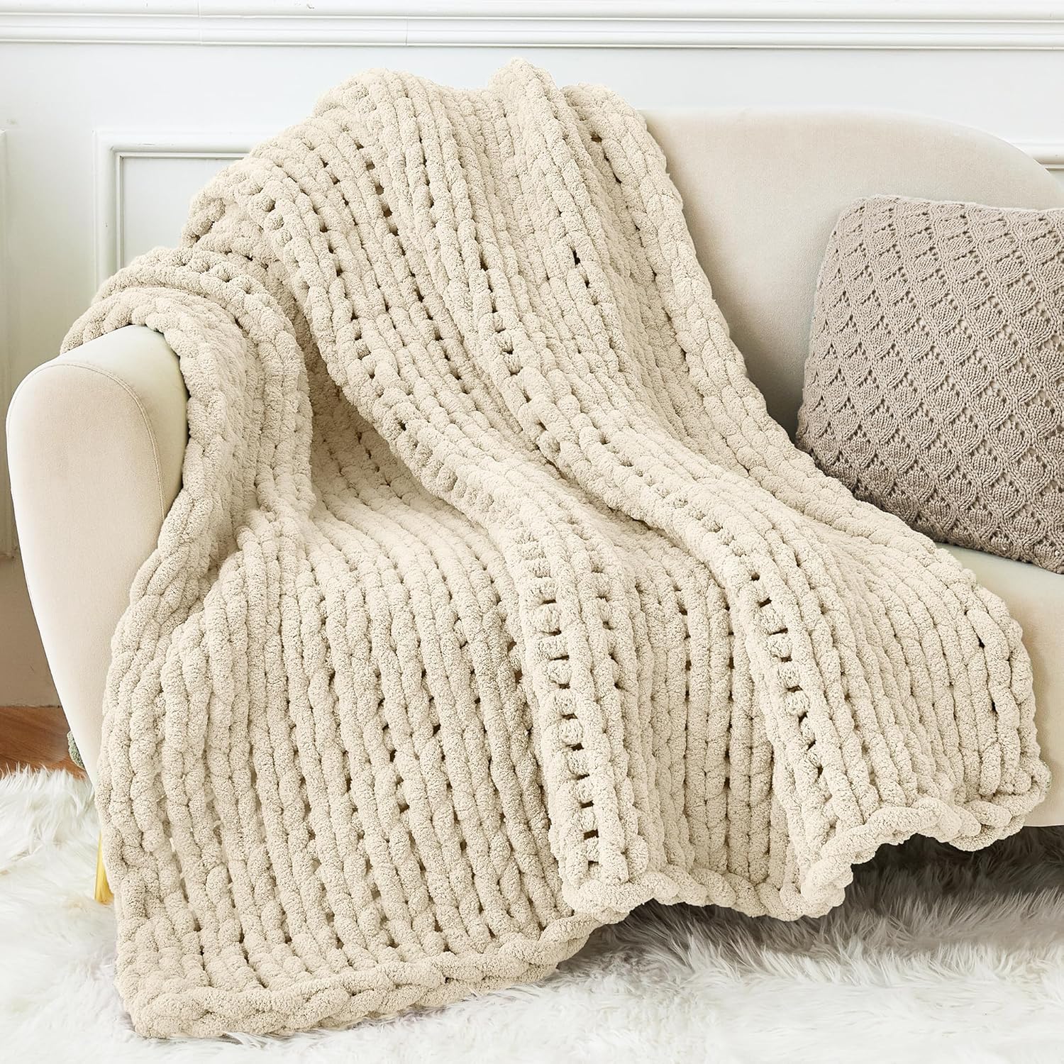 Admitrack Chunky Knit Blanket Throw 51"x63", 100% Hand Knit Chenille Throw Blank...