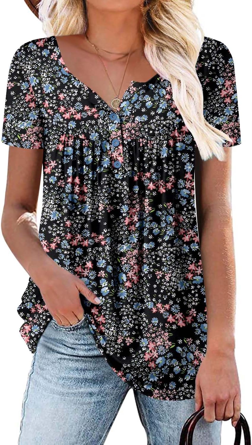 ROSELINLIN Women's Short Sleeve Shirts Floral Summer Tops Loose Fit for Leggings...