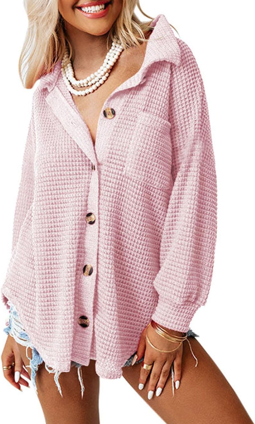 Dokotoo Womens Shacket Jacket, Special Waffle Knit Casual Long Sleeve Button Dow...
