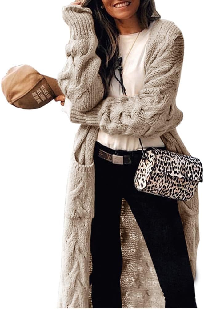 ZIWOCH Women's Long Cardigan Coats Cable Knit Casual Open Front Long Sleeve Loos...