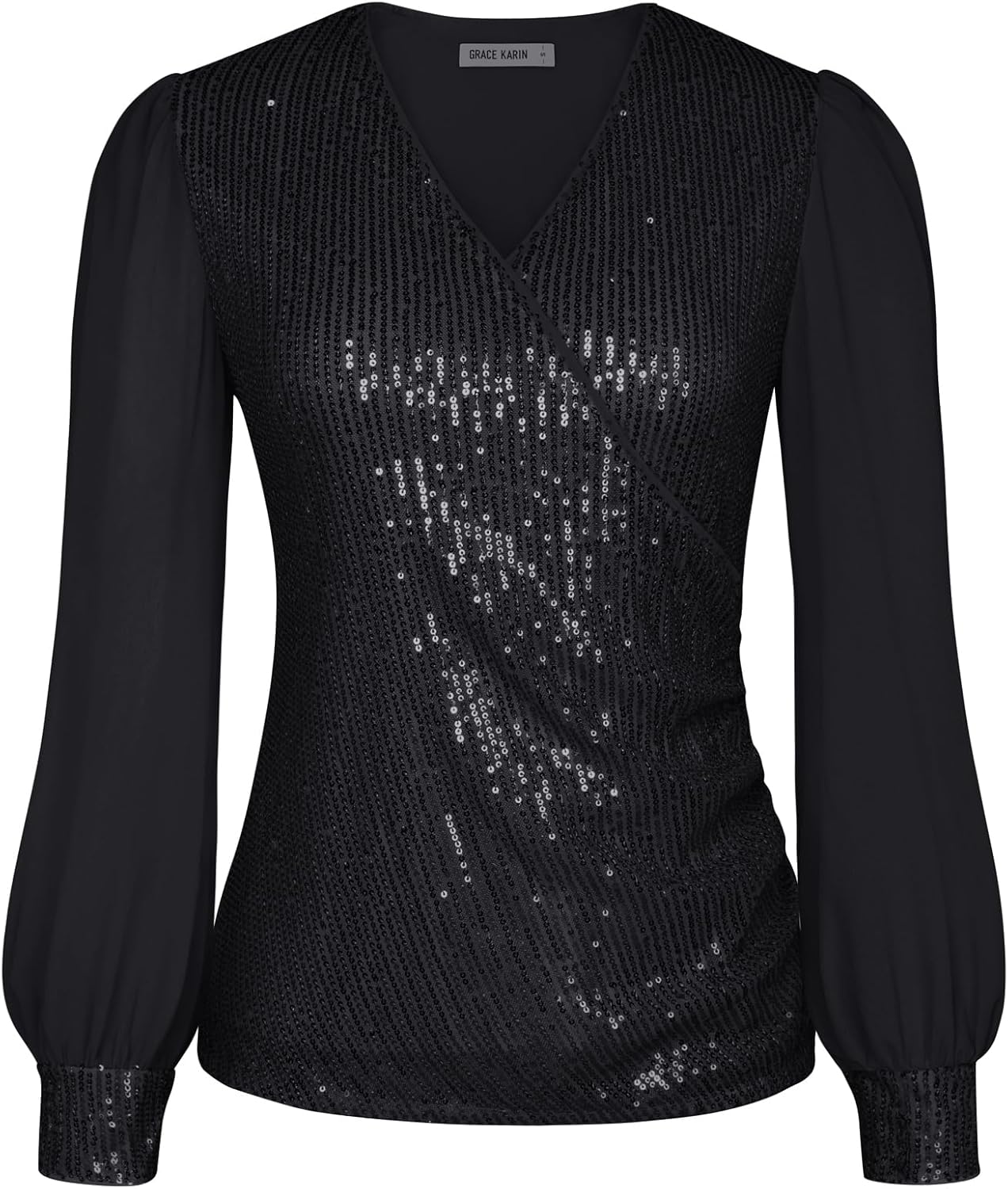 GRACE KARIN Women’s Sequin Top Long Lantern Sleeve V-Neck Wrap Sparkly Party Blo...