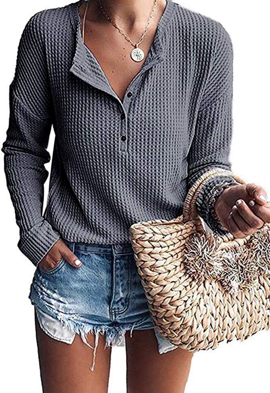 WNEEDU Women's Waffle Knit Tunic Tops Loose Long Sleeve Button Up V Neck Henley...
