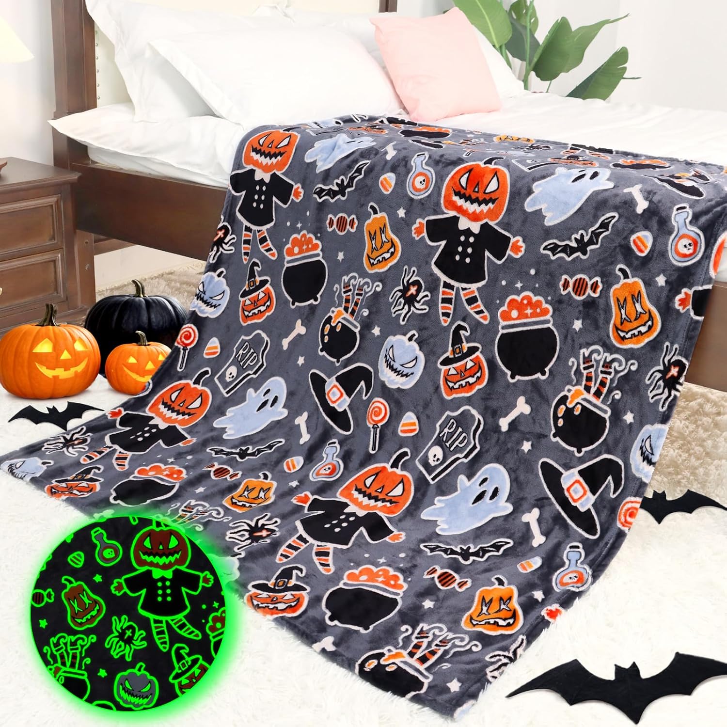 Halloween Blanket Twin Size Soft Black Glowing Fall Pumpkin Throw Blanket Lightw...