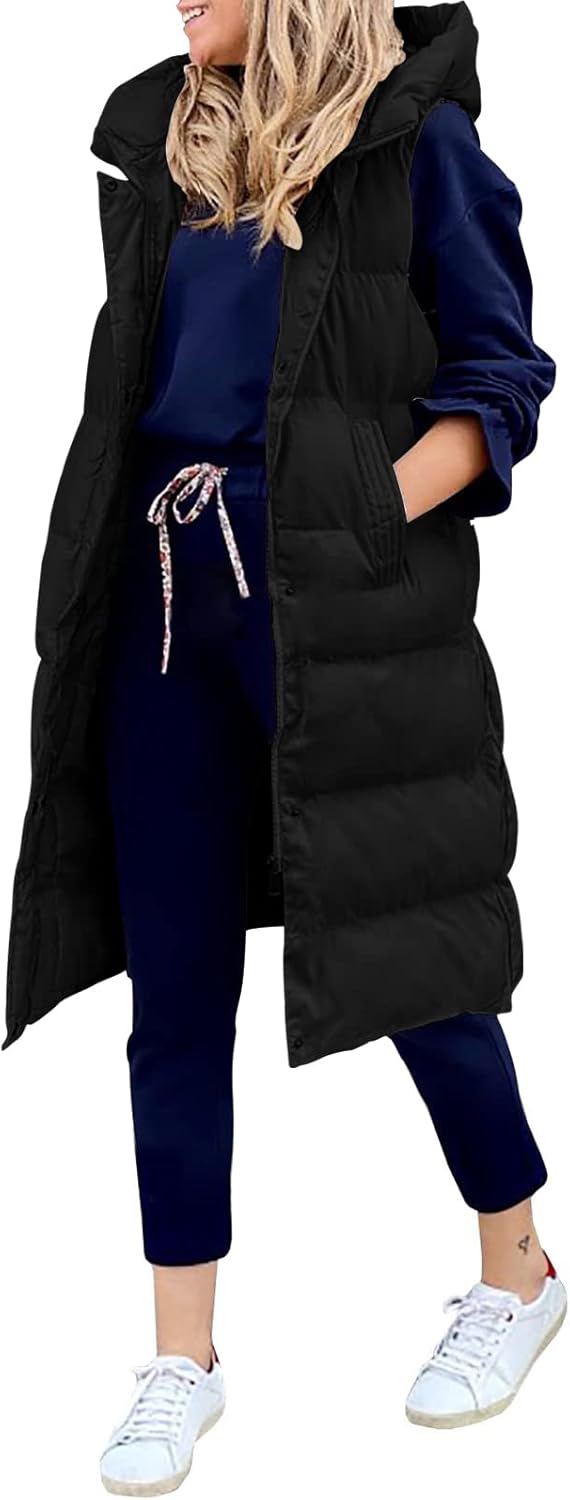 LEANI Womens Long Puffer Vest Full-Zip Hooded Sleeveless Down Jacket Coats with...