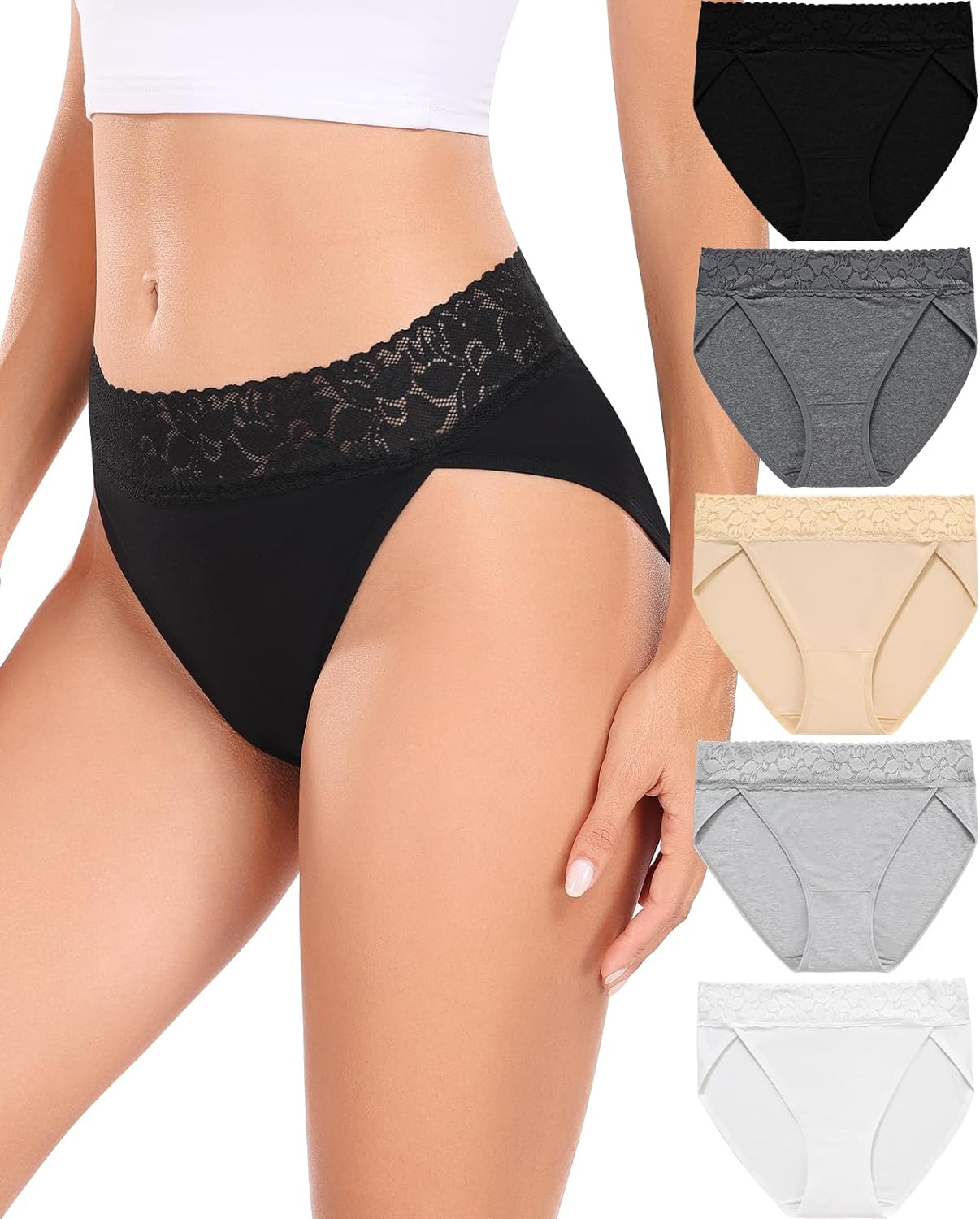RHYFF Womens Underwear Cotton Bikini Panties High Cut Lace Panty Stretch Hipster...