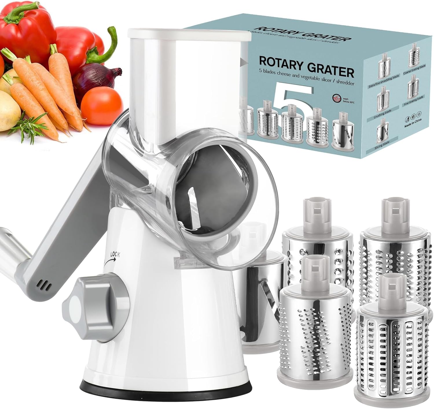 Ourokhome Rotary Cheese Grater Hand Crank, Kitchen Shredder Speed Mandolin Slice...