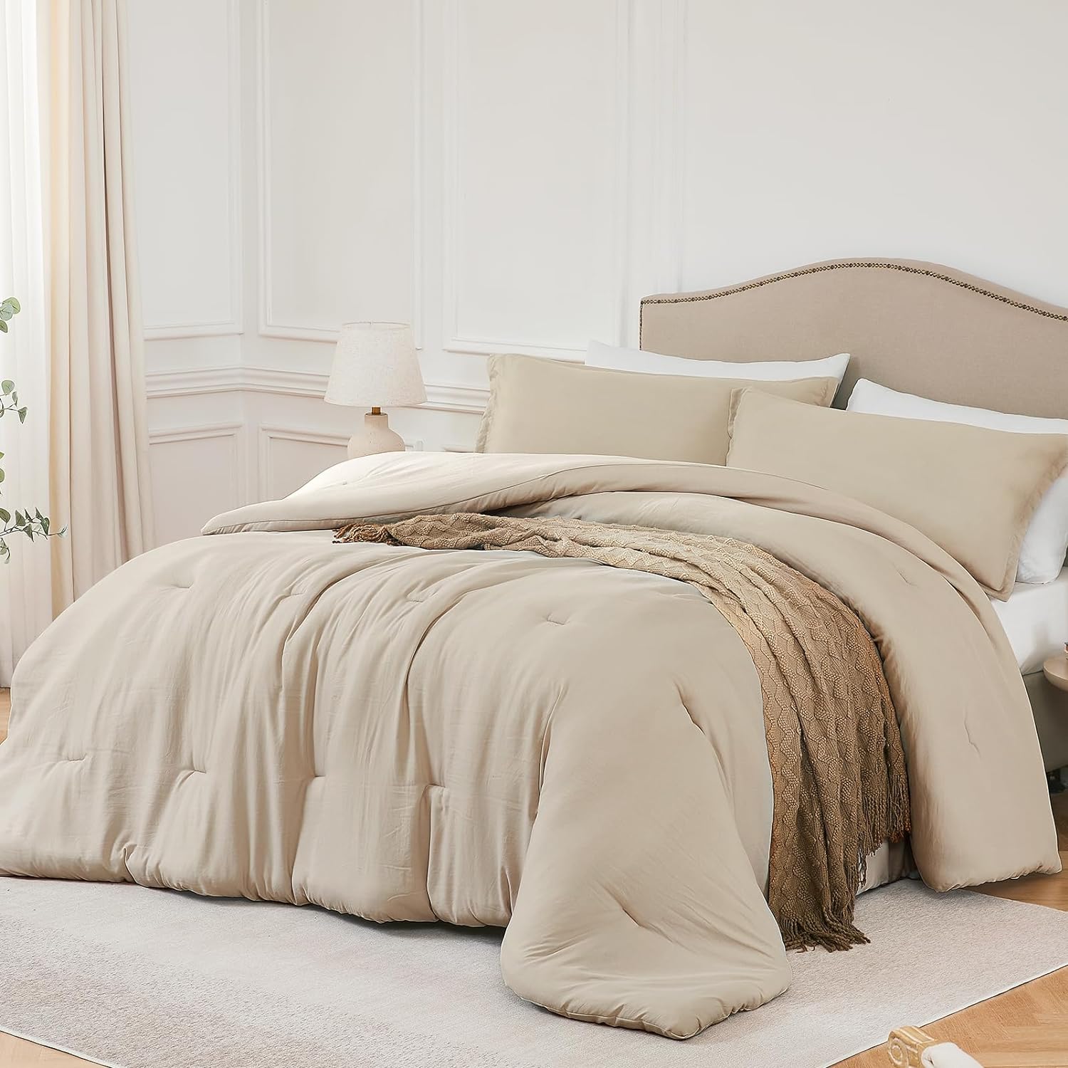 Queen Comforter Sets Oatmeal,3PCS Soft Lightweight Breathable Bedding Comforter...