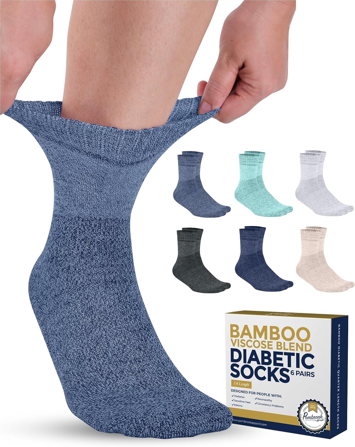 Pembrook Bamboo Viscose Diabetic Socks for Women & Men - 6 Pairs Ankle Socks for...