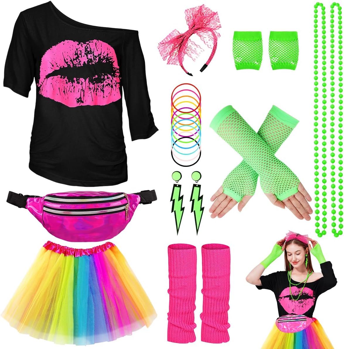 WILDPARTY 80s Costume Accessories for Women, T-Shirt Tutu Fanny Pack Headband Ea...