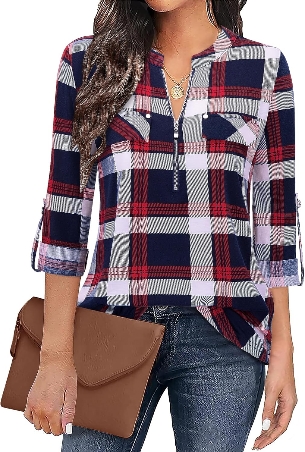 Bulotus Women's Zip Front V-Neck 3/4 Sleeve Tunic Casual Top Plaid Red Large