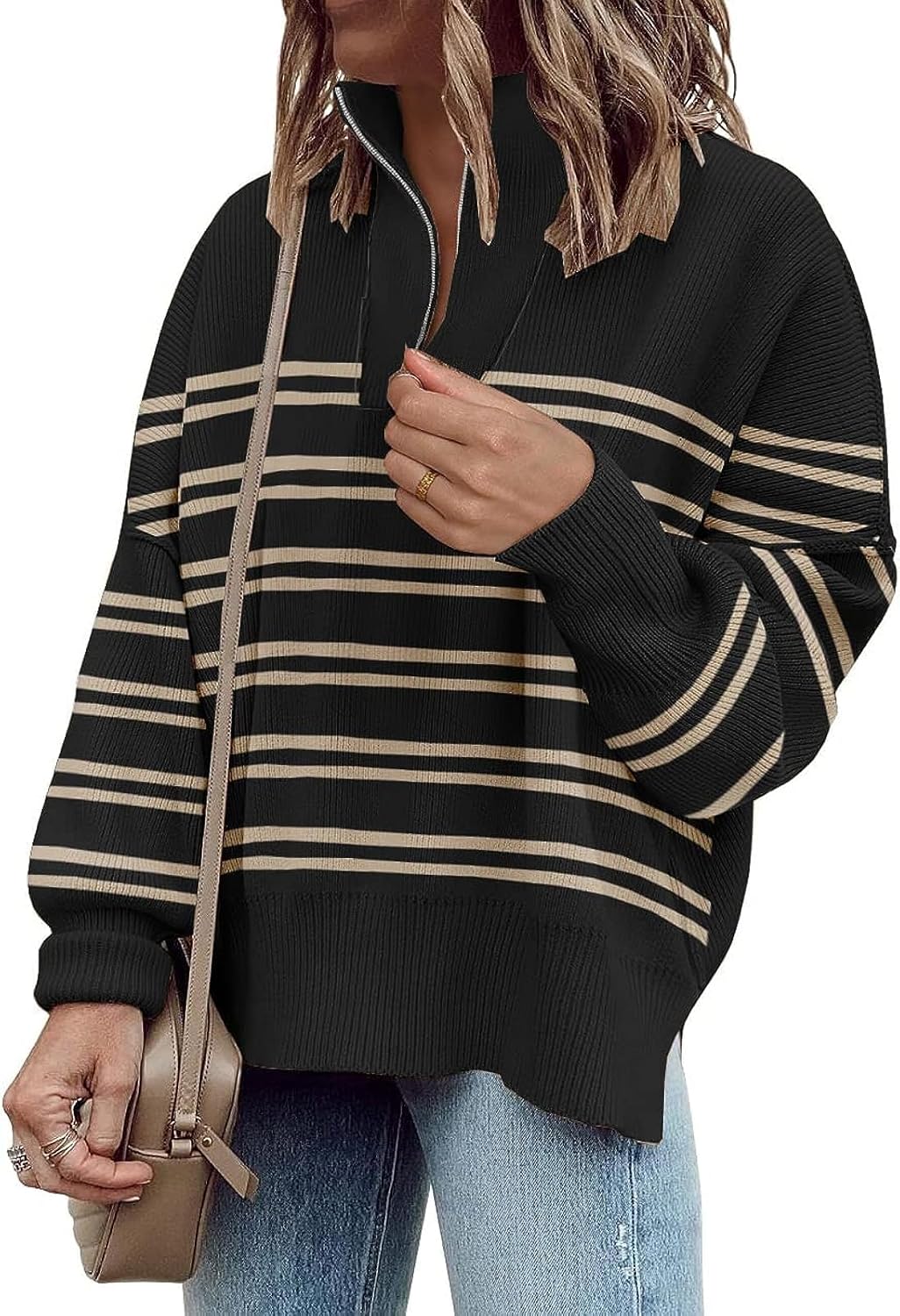 Womens Sweaters Casual Zipper Neck Knit Tops Batwing Sleeve Oversized Sweatshirt...