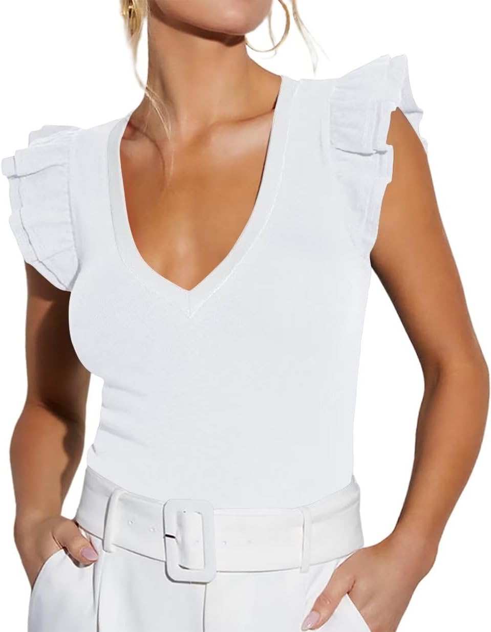 Ezbelle Women's Summer Sleeveless Tops V Neck Ruffle Shirts Knit Ribbed Tank Top...