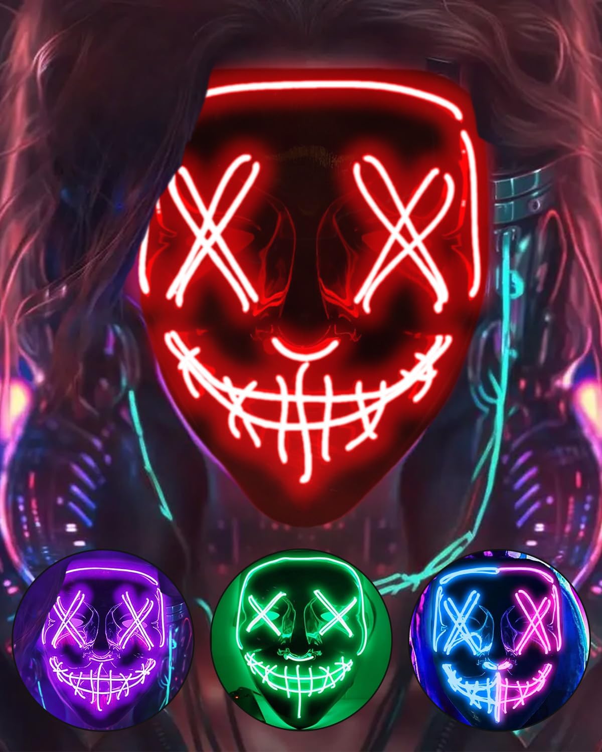 Purge Mask LED Halloween Mask LED Halloween Costume LED Glow Scary Light Up Mask...