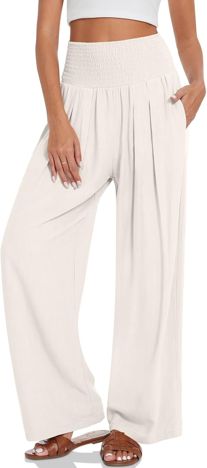 UEU Women's Linen Palazzo Pants Wide Leg High Waisted Lounge Casual Beach Pants...