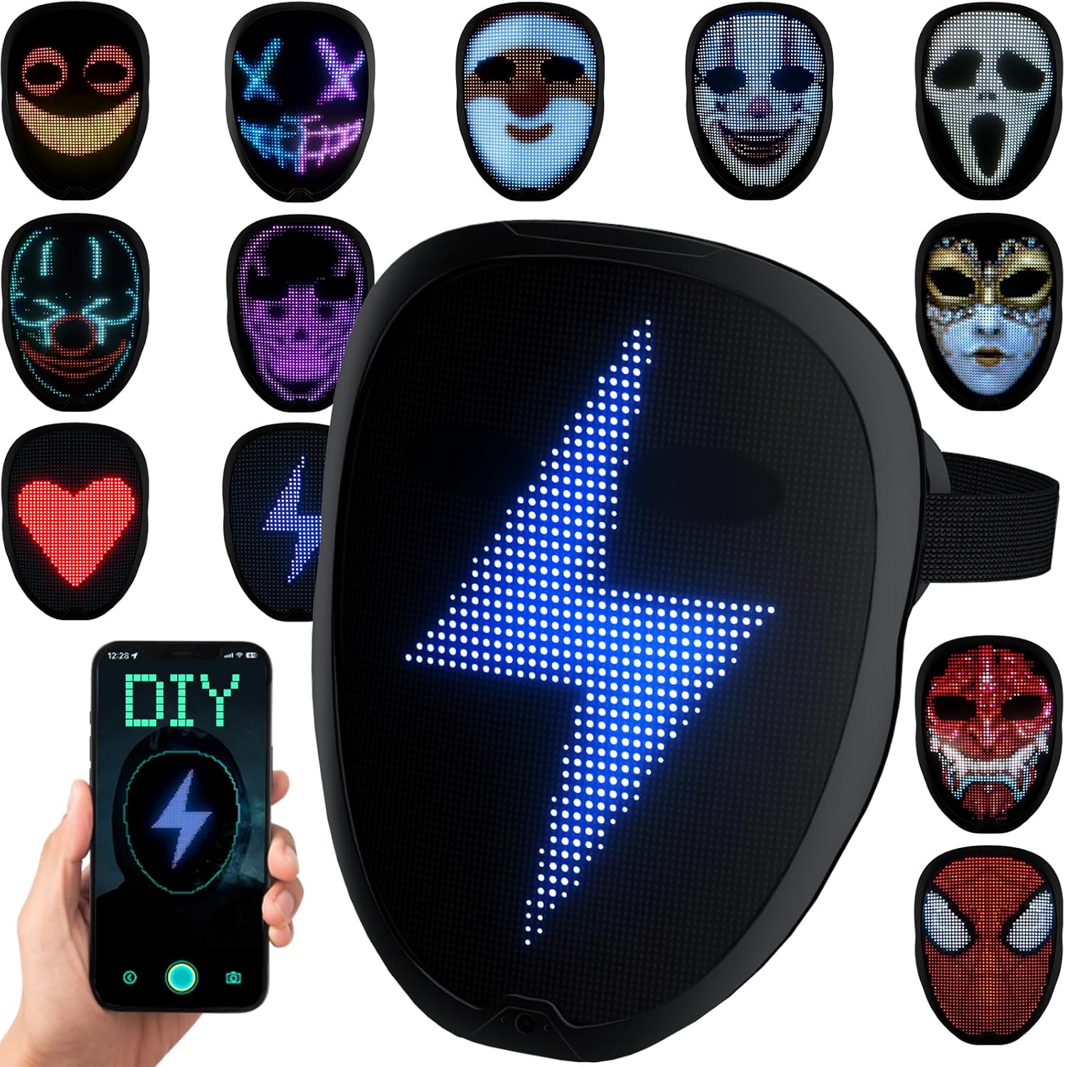 LED Mask with Programmable App & Gesture Sensing, DIY Unisex LED Lighted Face Tr...