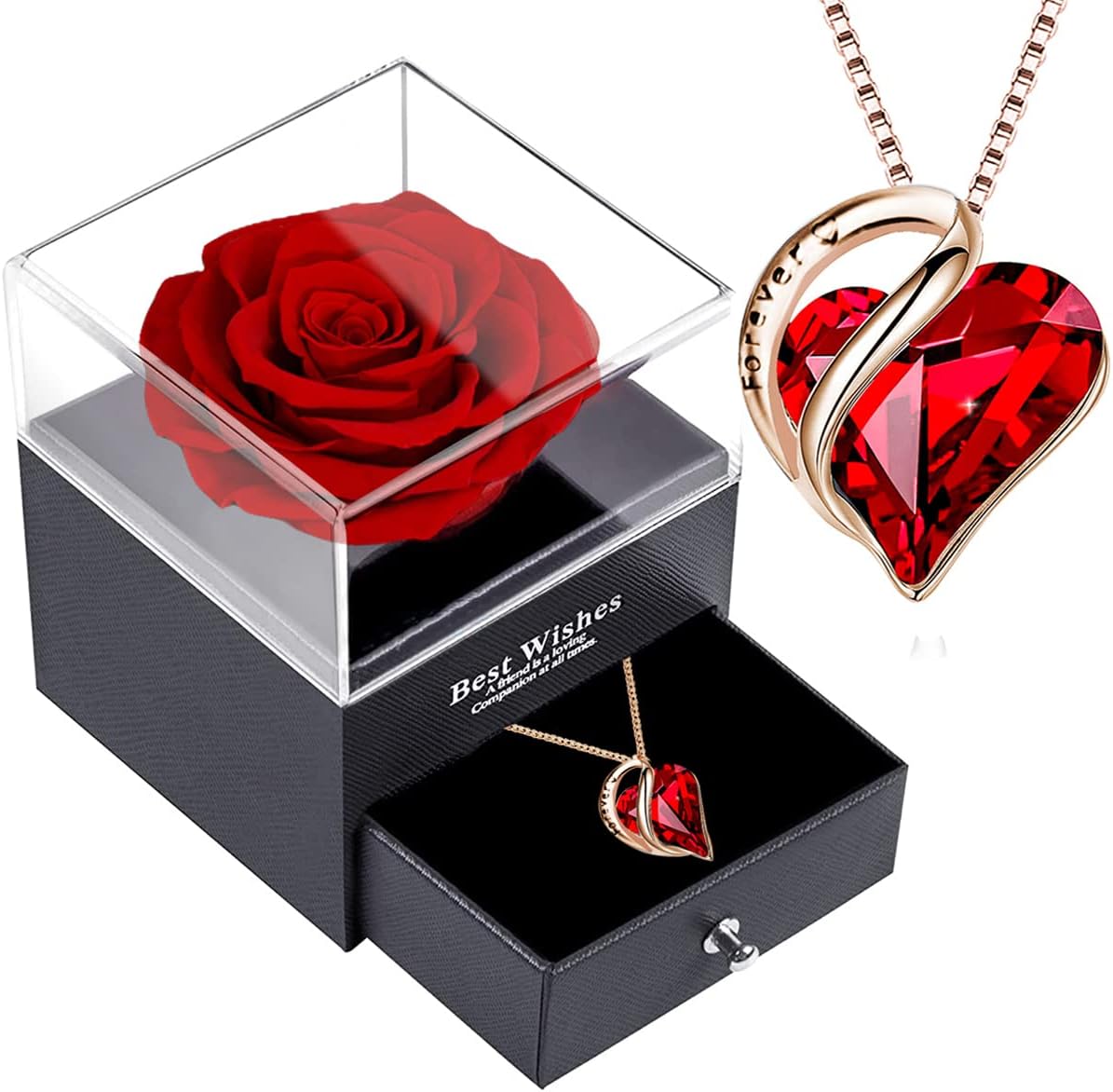 Preserved Real Rose Box with Austrian Crystal Necklace,Eternal Red Rose with 925...