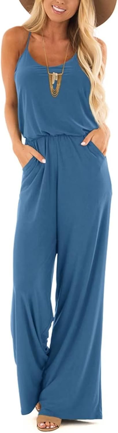 Lacozy Womens Casual Loose Sleeveless Spaghetti Strap Wide Leg Pants Jumpsuit Ro...