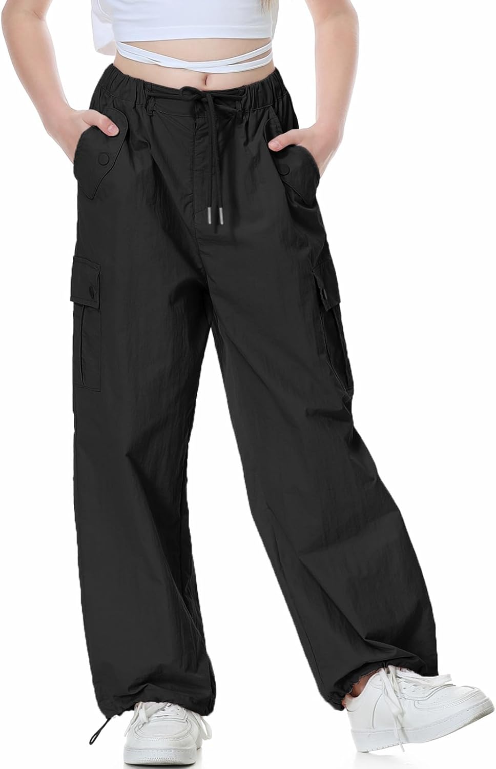 Rolanko Parachute Pants for Girls Y2K Cargo Trousers with Pockets Harajuku Jogge...