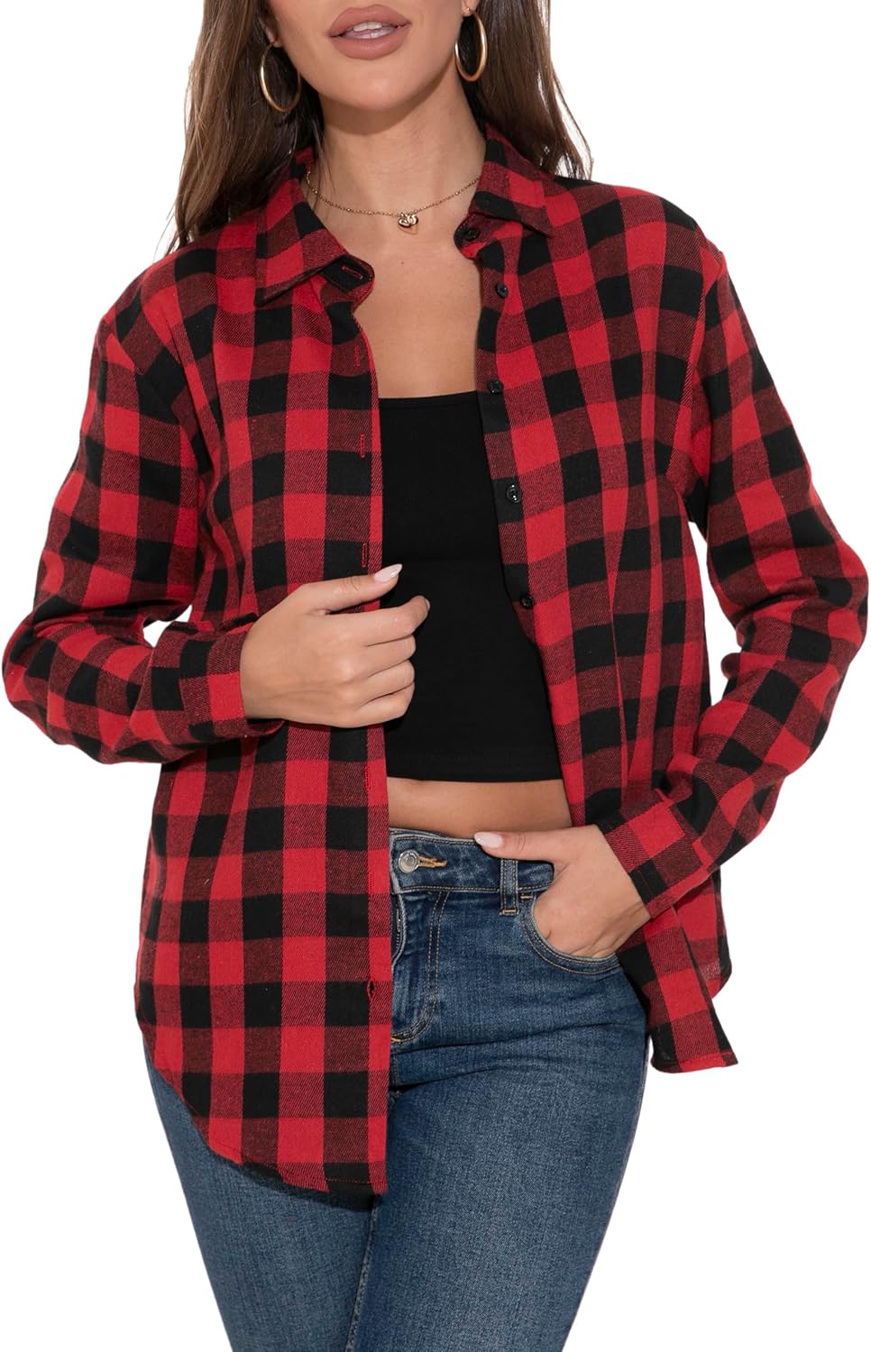 GUANYY Womens Long Sleeve Shirts Classic Button Down Flannel Shirt Cotton Plaid...