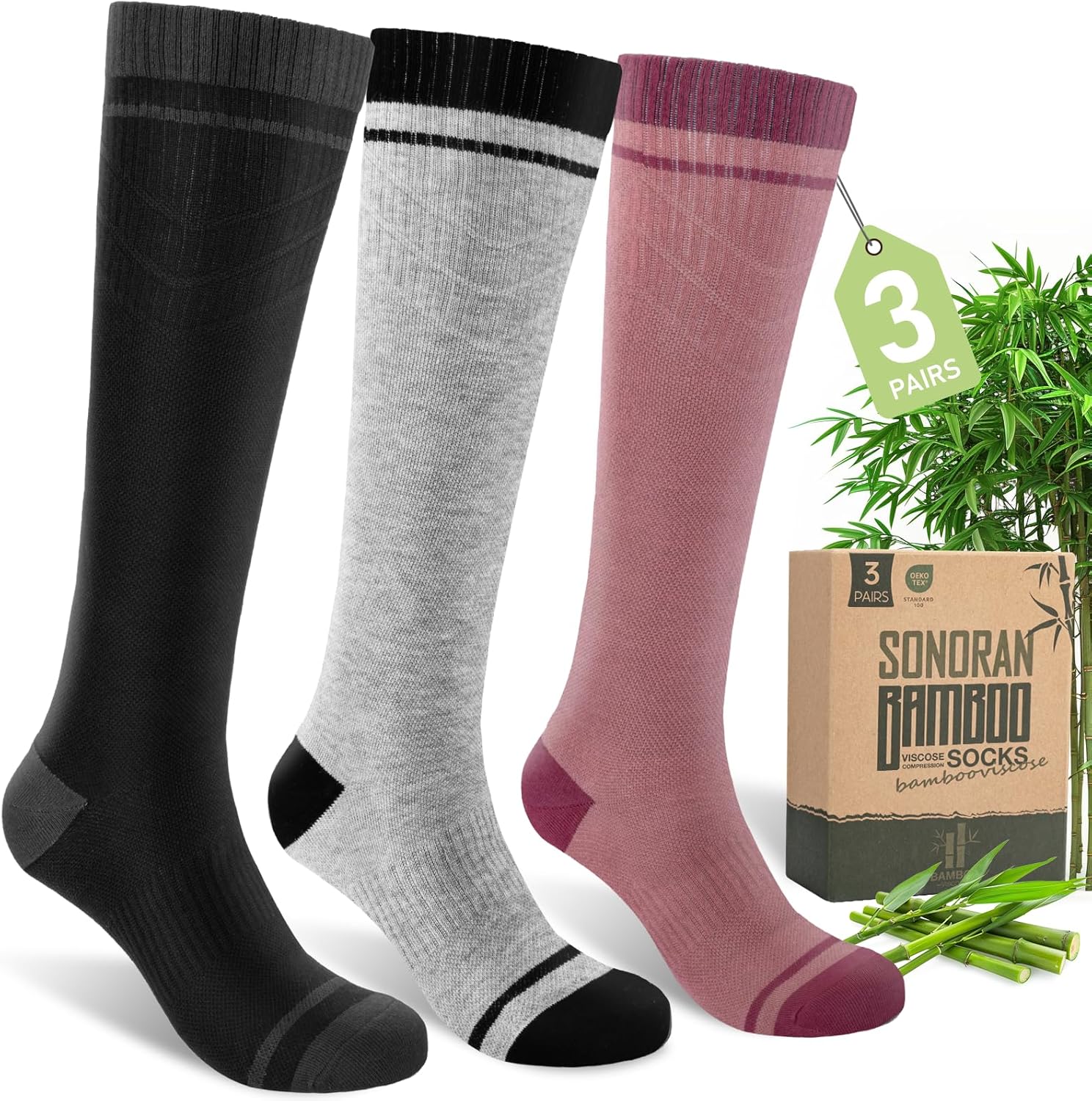 Bamboo Viscose Compression Socks for Women & Men (3 Pairs) 15-20 mmHg Knee High...