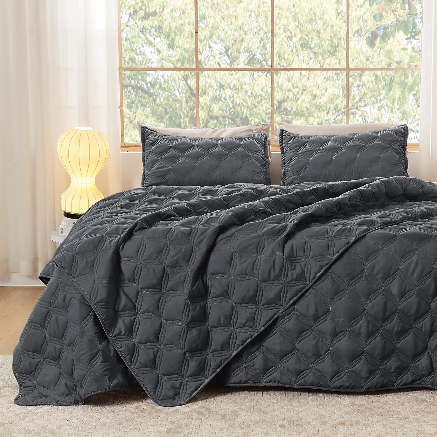 Litanika Oversized King Quilt Set Bedspread 120x120-3 Piece Grey Lightweight Com...