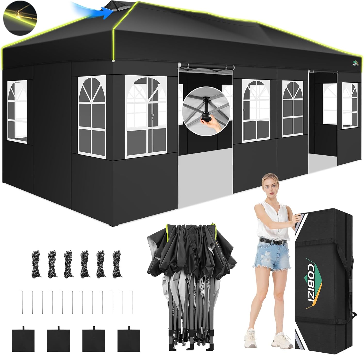 COBIZI 10x20 Pop Up Canopy, One Push Setup Glow Outdoor Tent with 6 Sidewalls, 3...