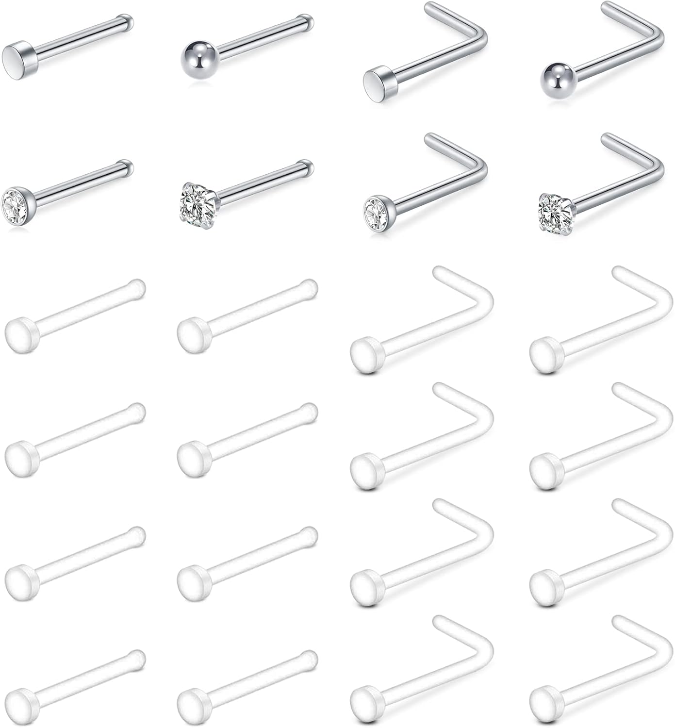 LAURITAMI Clear Nose Studs Hide Piercing Small Flat Top 20 Gauge L Shaped Straig...