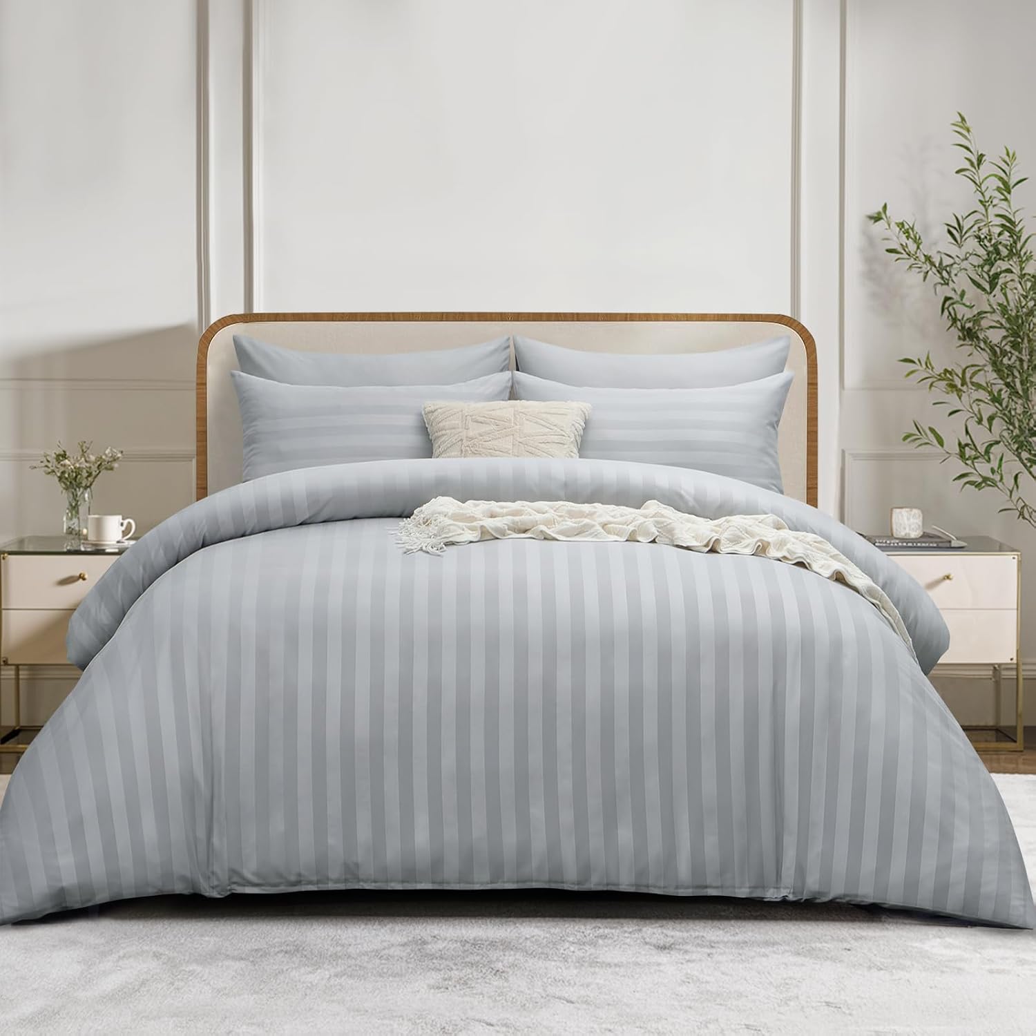 RUIKASI Double Duvet Cover Set - Satin Stripes Duvet Cover with 2 Pillowcases, G...