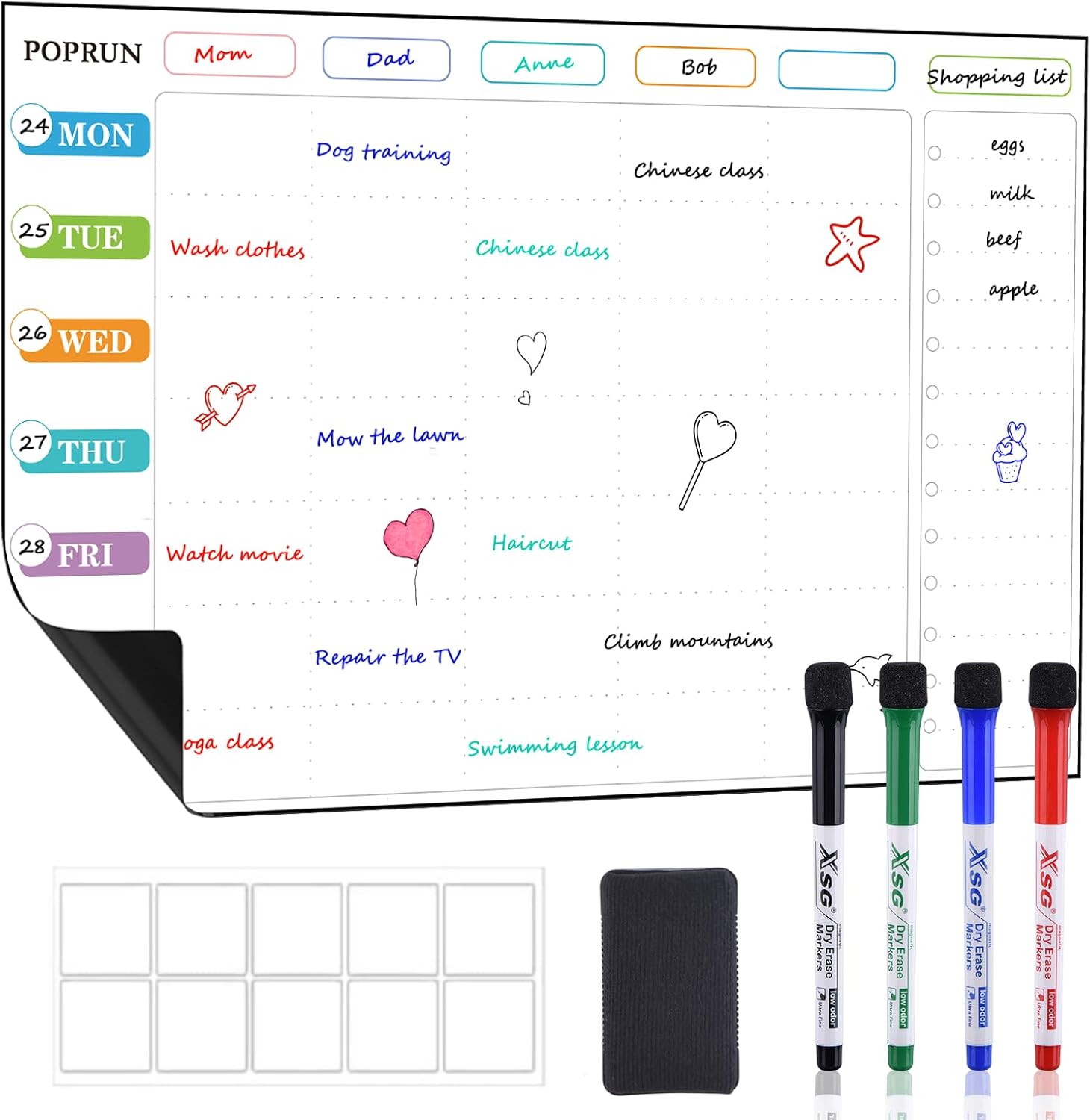 POPRUN Magnetic Weekly Family Planner Whiteboard Calendar for Fridge, A3 Meal Pl...