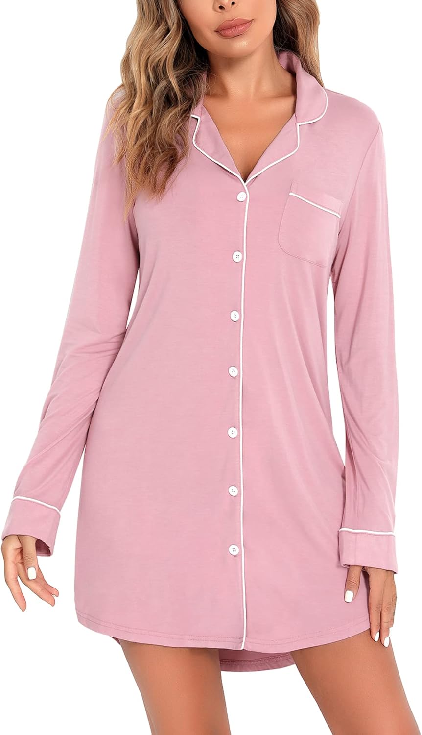Senert Nightgown for Women Sleep Shirt Short Long Sleeve Sleepwear Boyfriend Nig...