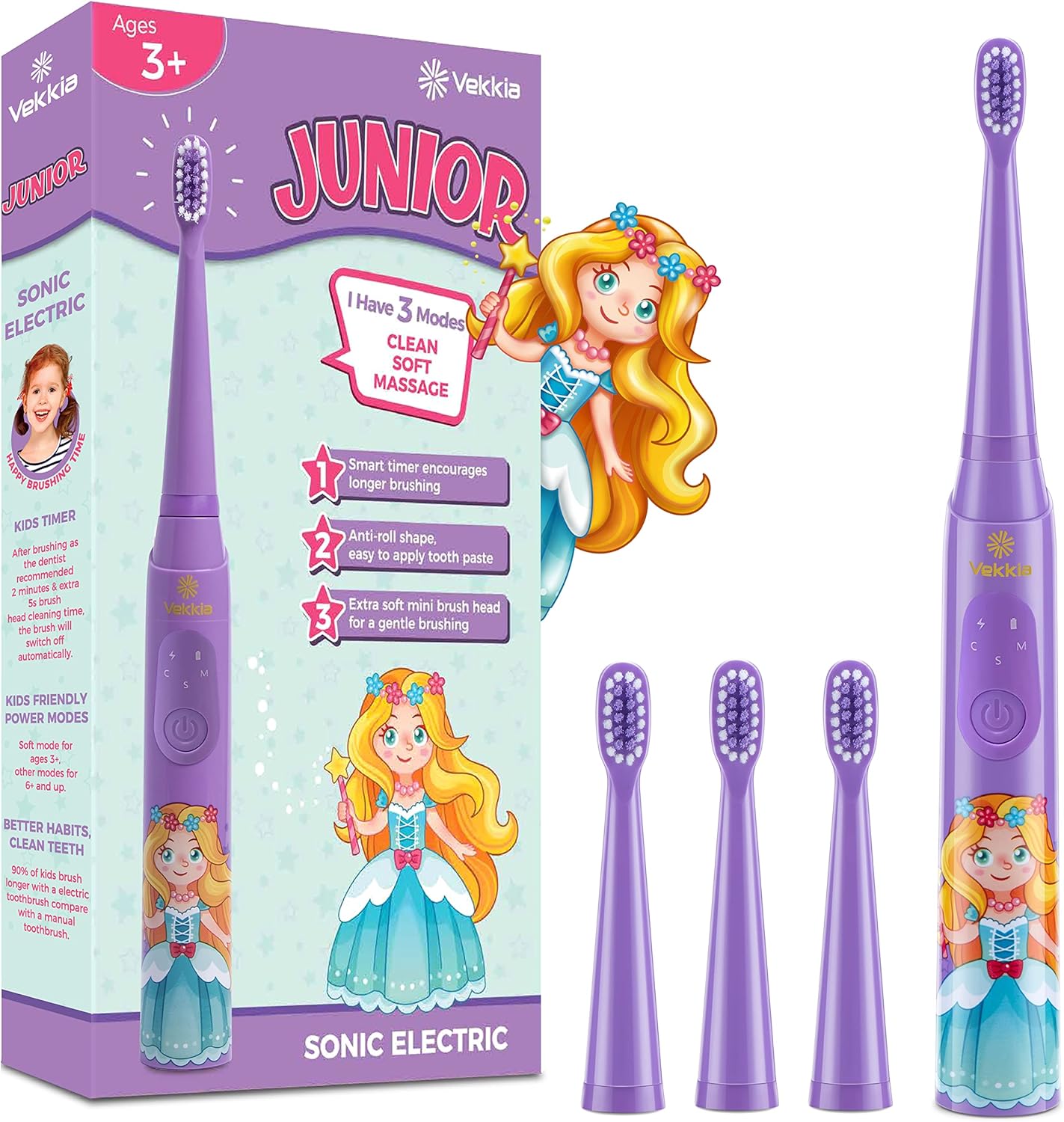 Vekkia Sonic Rechargeable Kids Electric Toothbrush, 3 Modes with Memory, Fun & E...