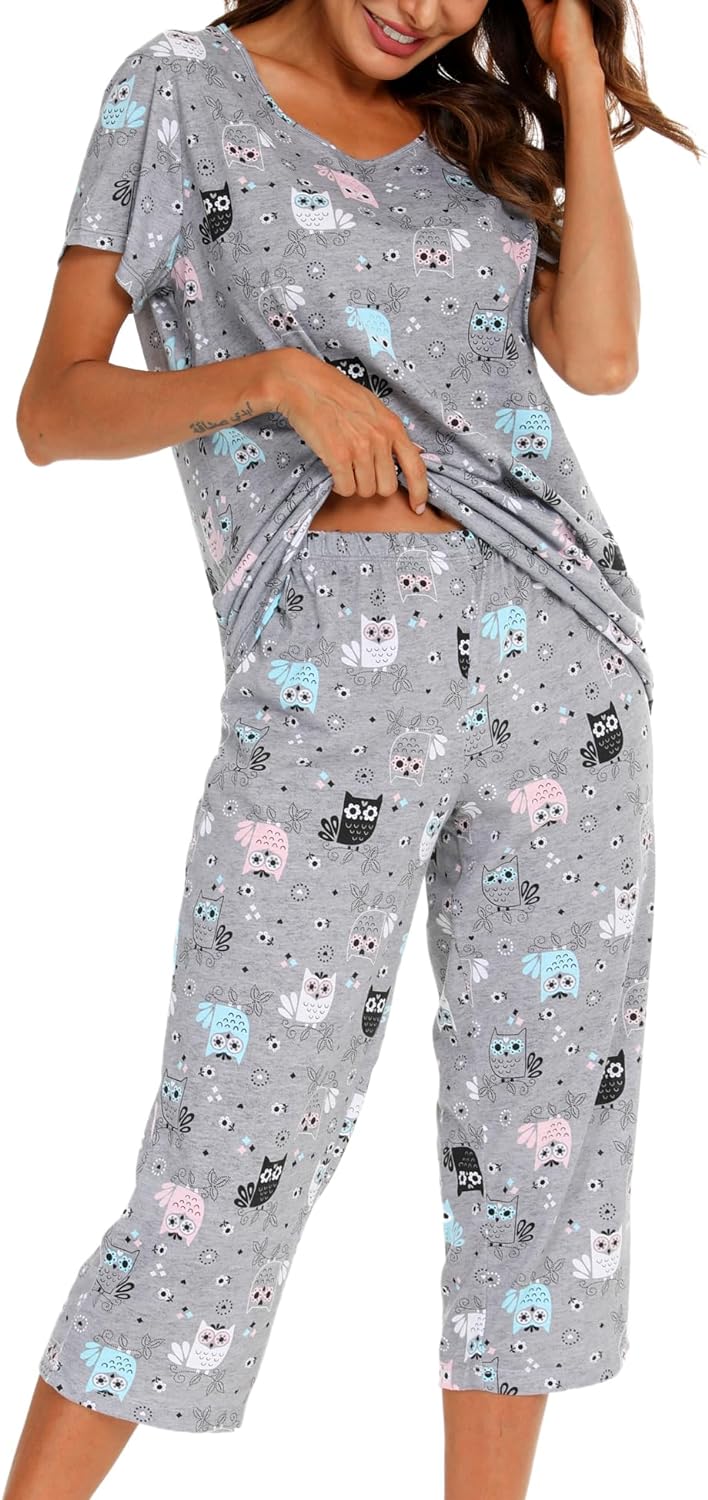 ENJOYNIGHT Women's Pajama Sets Cotton Sleepwear Tops with Capri Pants Cute Pjs L...