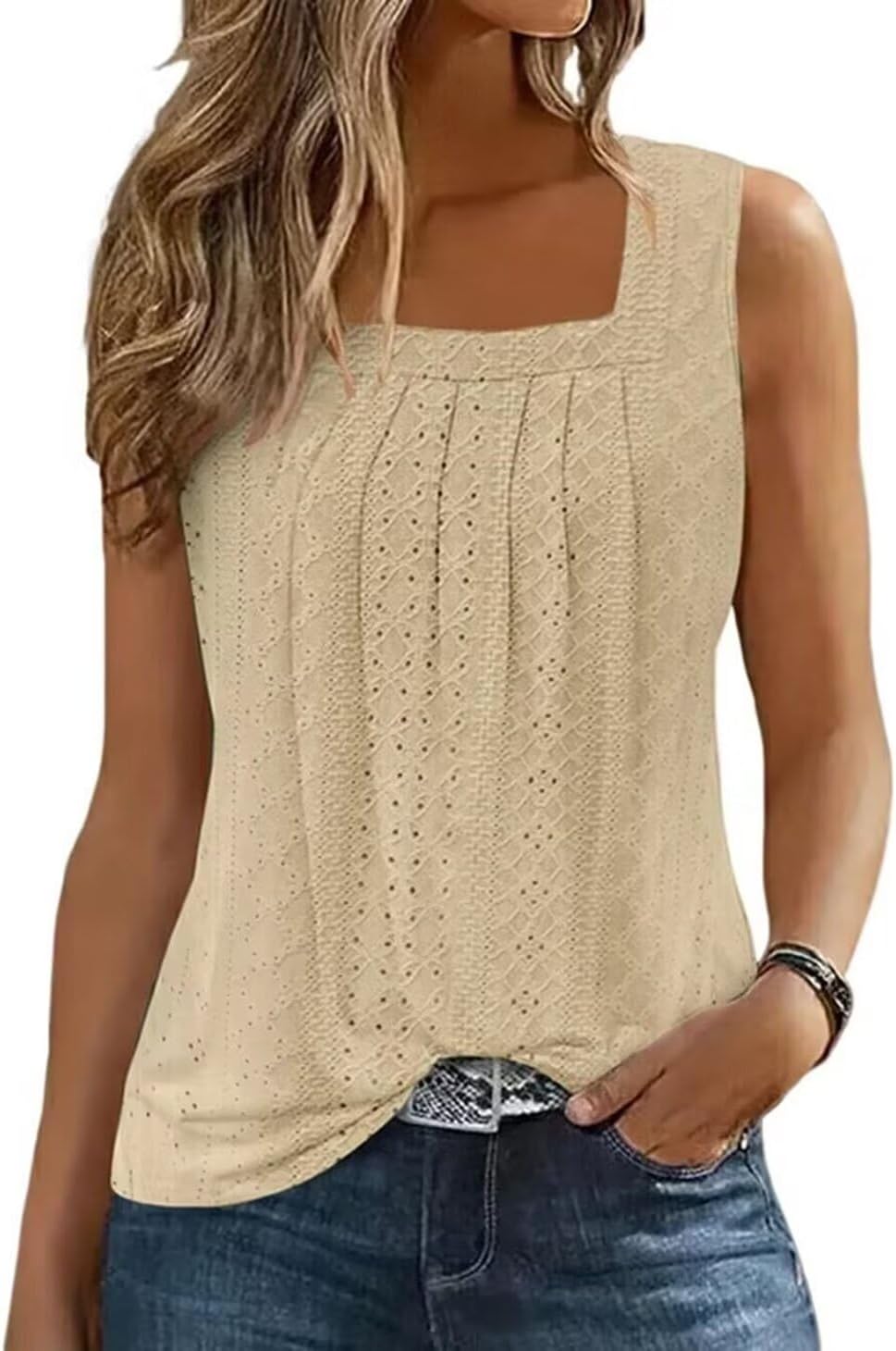 AIMITAG Color Block Ruffled Square Collar Tank Top Women Striped Tank Tee Summer...