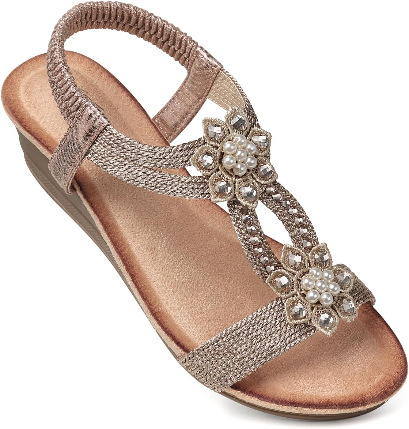 SHIBEVER Womens Wedge Sandals Flower Low Heel Dressy Sandals Elastic Ankle Strap...