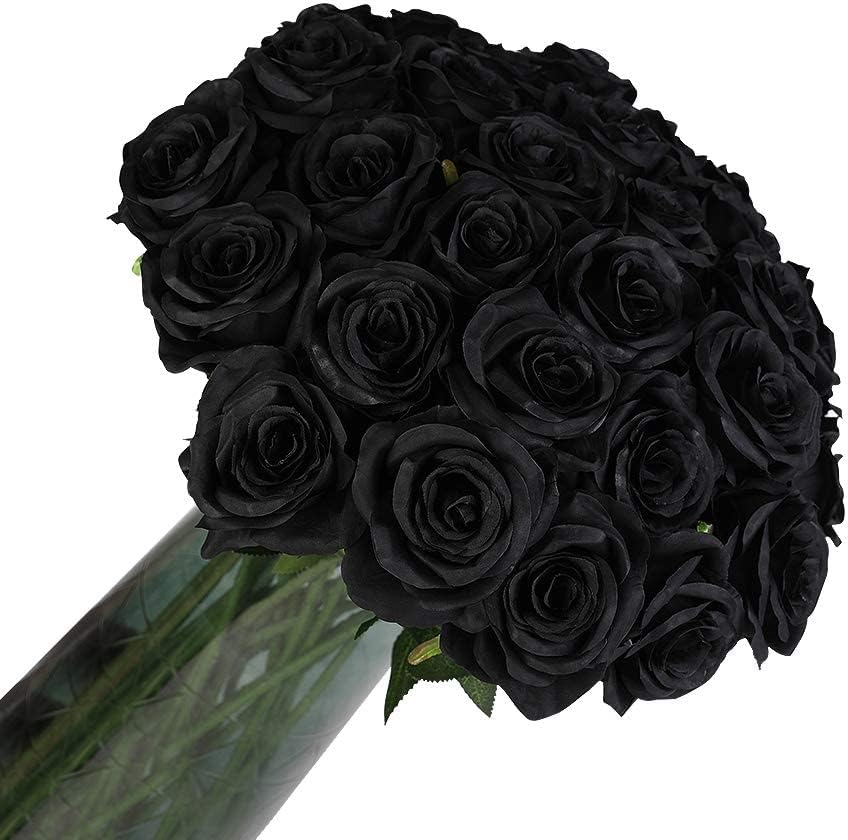 Laelfe 12 PCS Artificial Flowers Black Roses, Fake Silk Flower Long Stem Artific...
