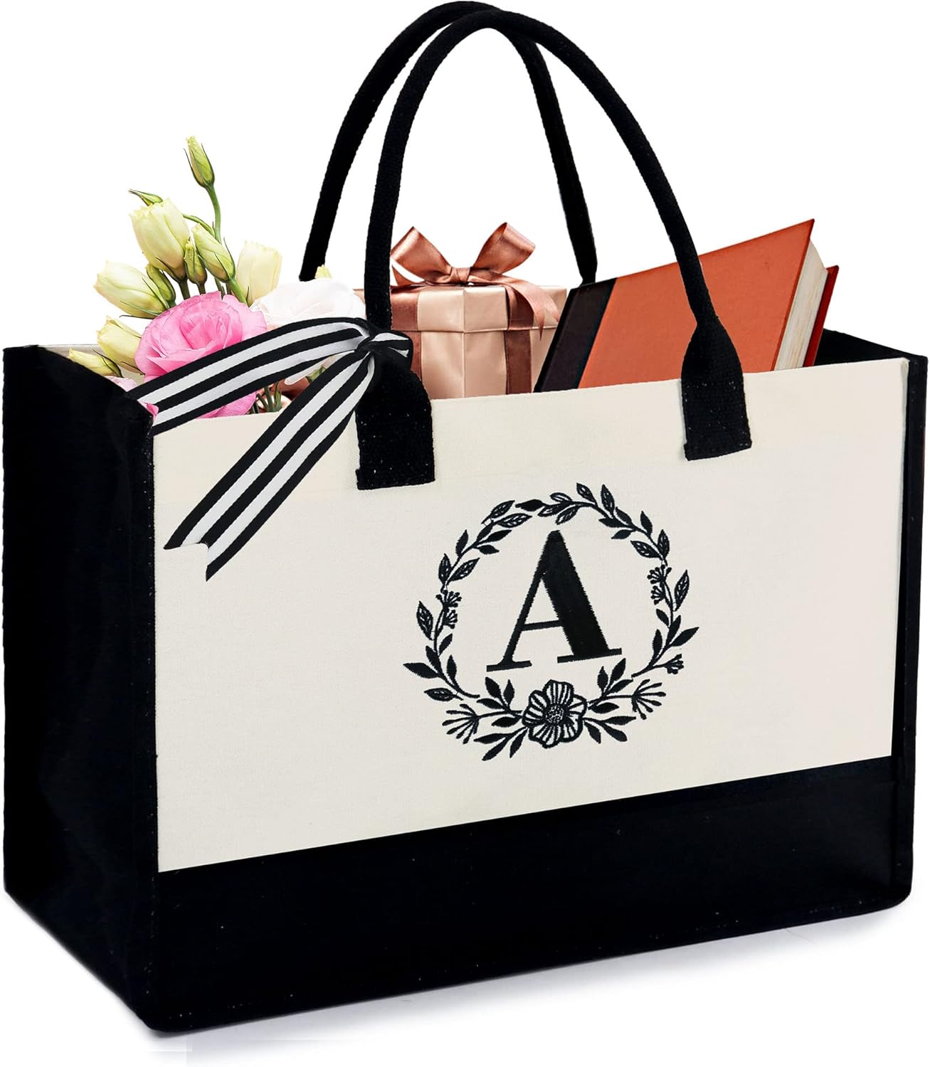 BeeGreen Monogram Initial Canvas Bag with Inner Zipper Pocket Embroidery Persona...
