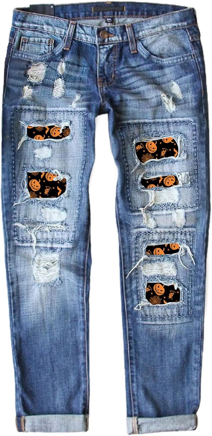 EVALESS Ripped Jeans for Women Plaid Patch Boyfriend Skinny Distressed Denim Jea...