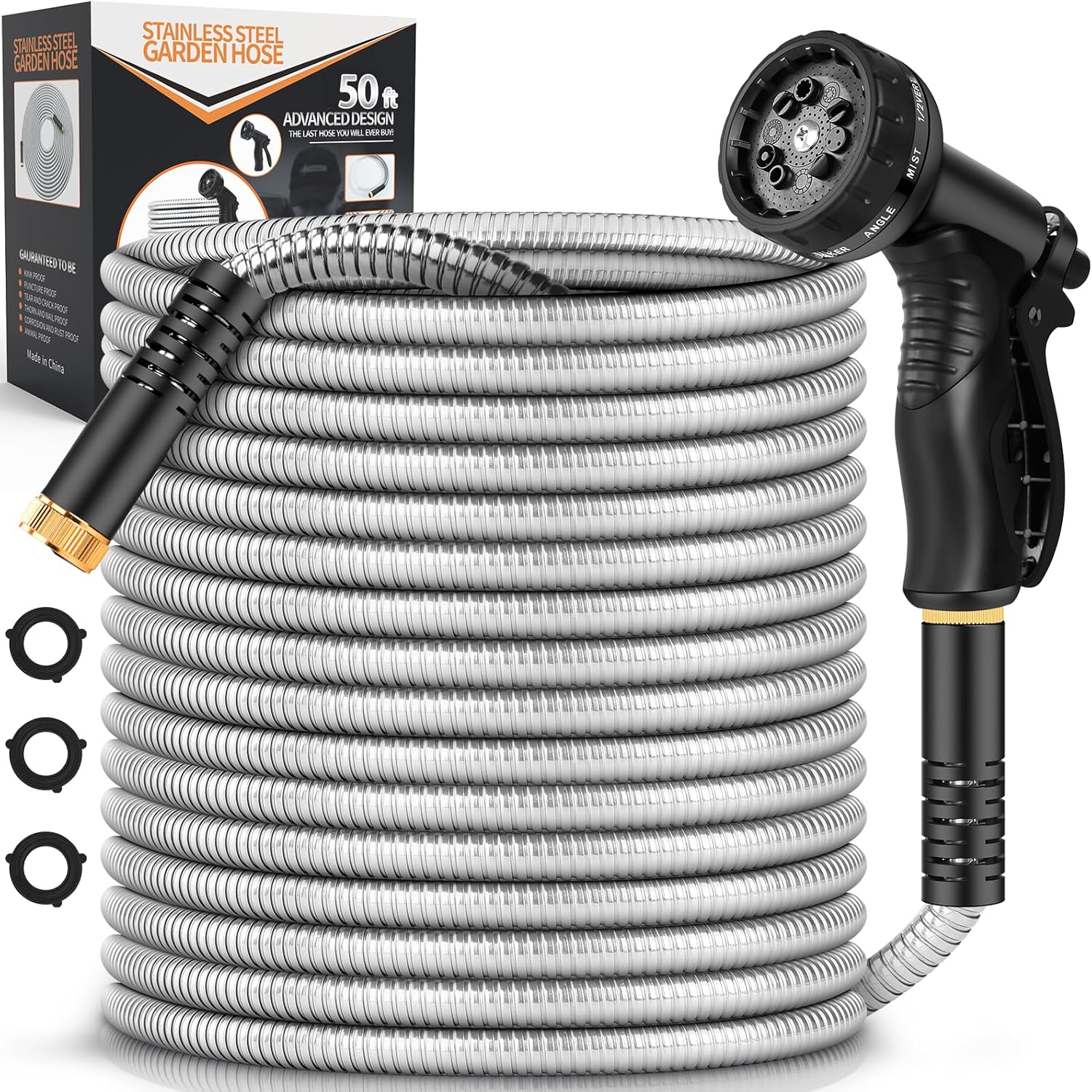 Garden Hose Metal 50FT, Stainless Steel Heavy Duty Water Hose With 10 Function N...