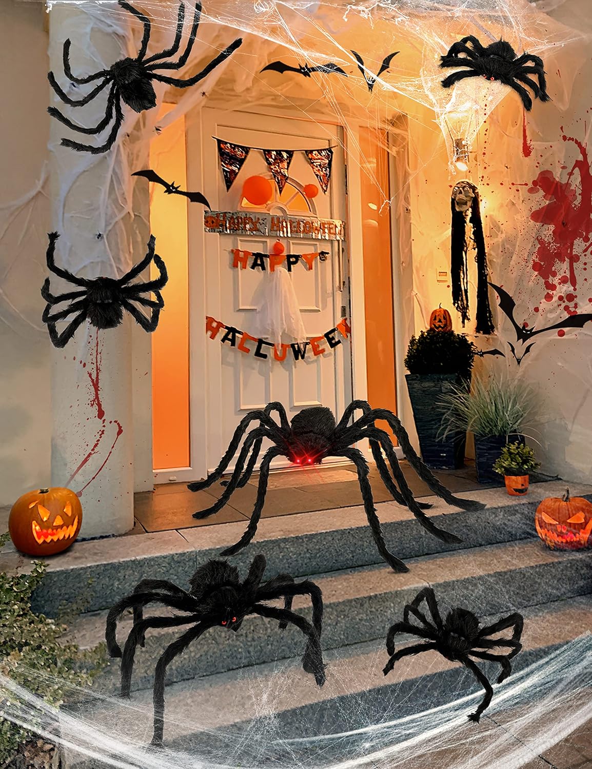 HOPOCO Halloween Plush Spiders Set (6 Pcs Red Eyes Spider (120cm, 90cm, 75cm, 60...