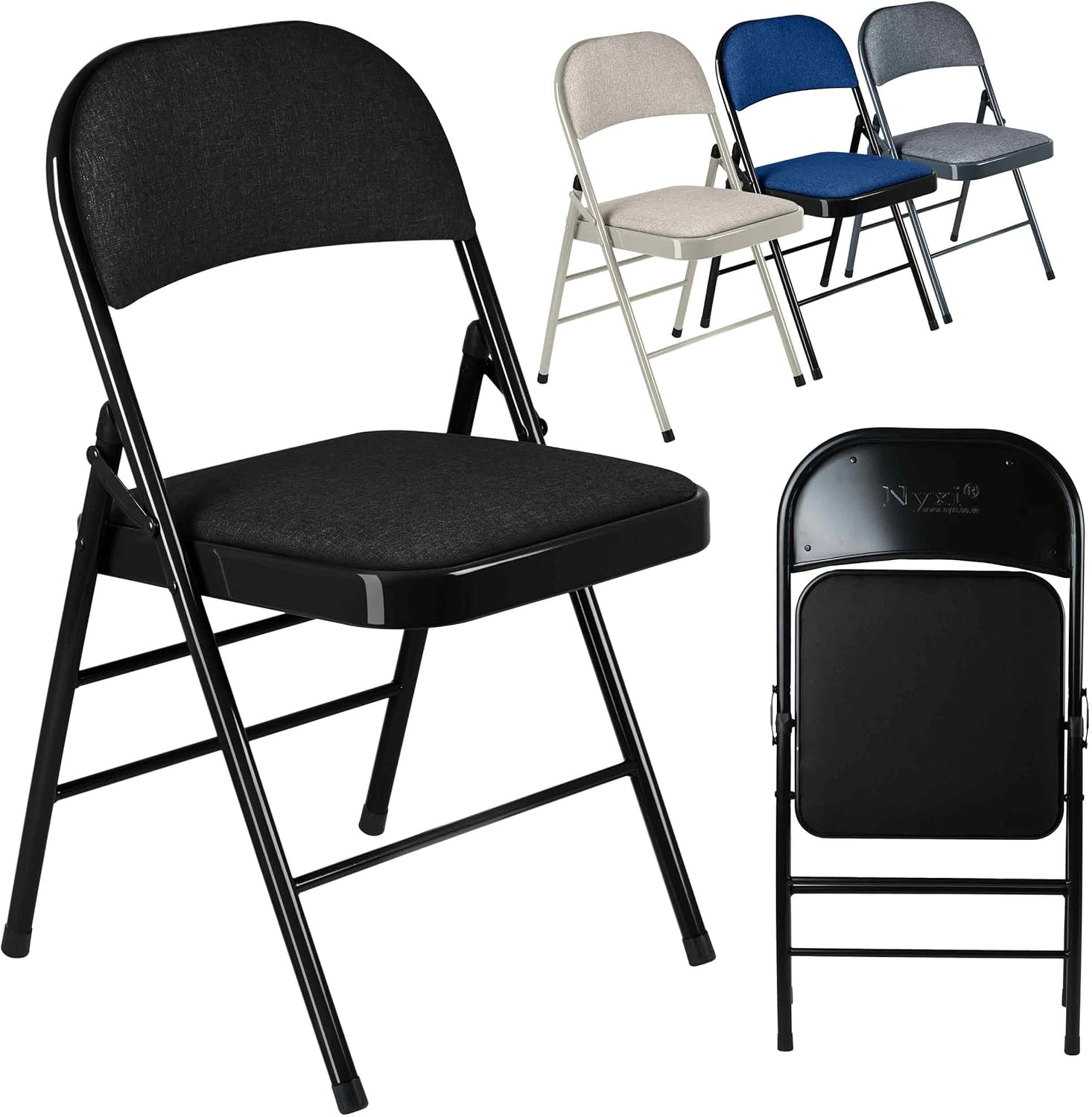 Nyxi Set of 4 Folding Chairs with Padded Fabric Seats, Metal Frame, Foldable Cha...