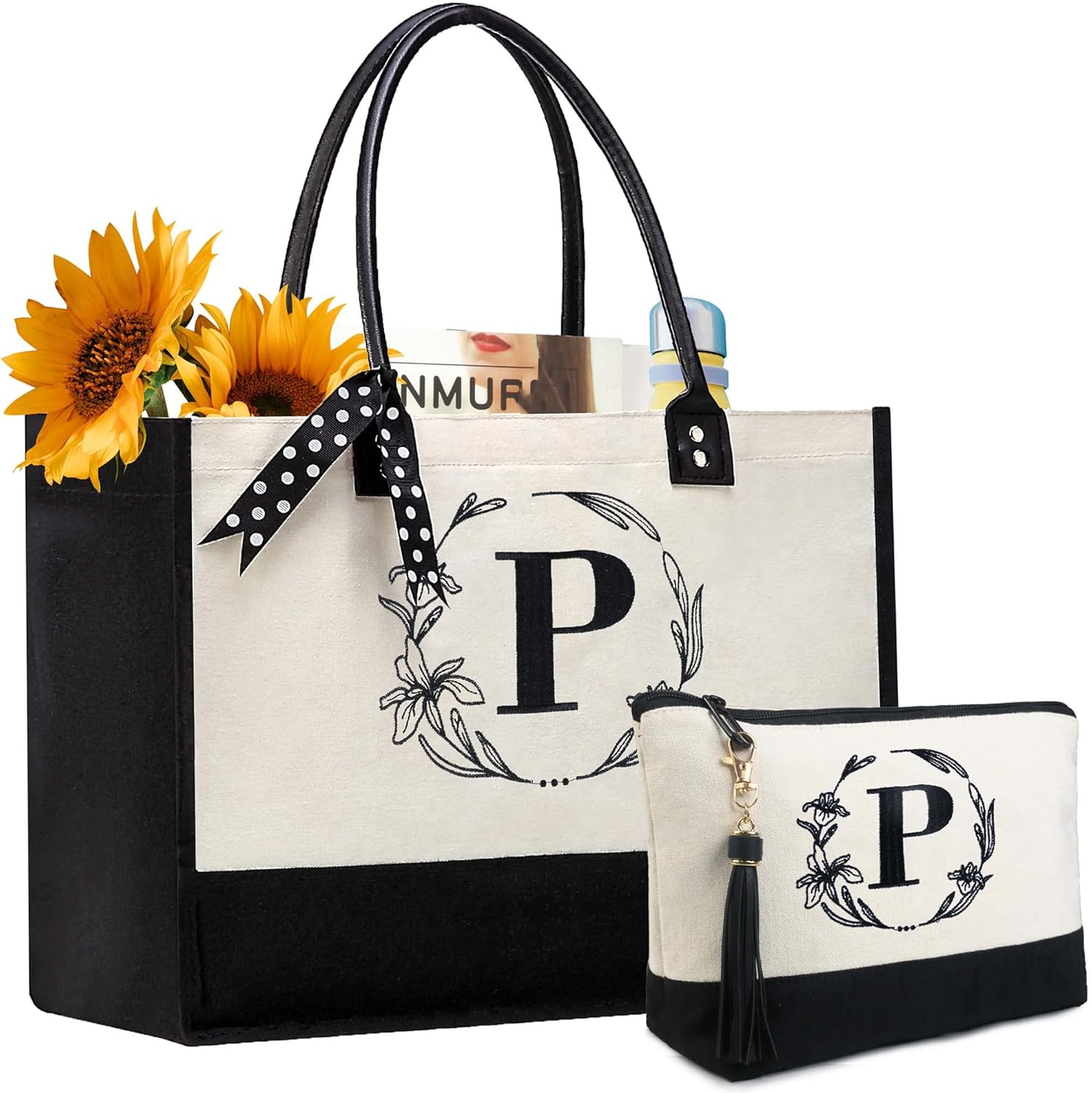 BeeGreen Initial Canvas Tote Bags Personalized Birthday Gift for Women, Embroide...