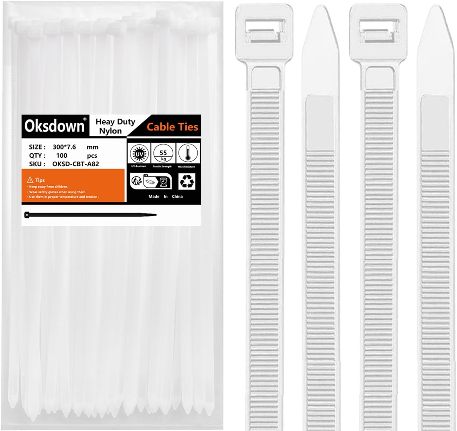 Oksdown 100 Pack White Thick Cable Ties Heavy Duty Large 300mm×7.6mm Strong Nylo...