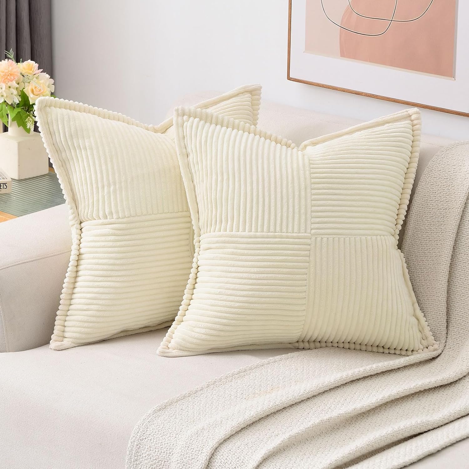 HAUSSY Beige Throw Pillow Covers 20x20 Inch Set of 2,Soft Solid Corduroy Striped...