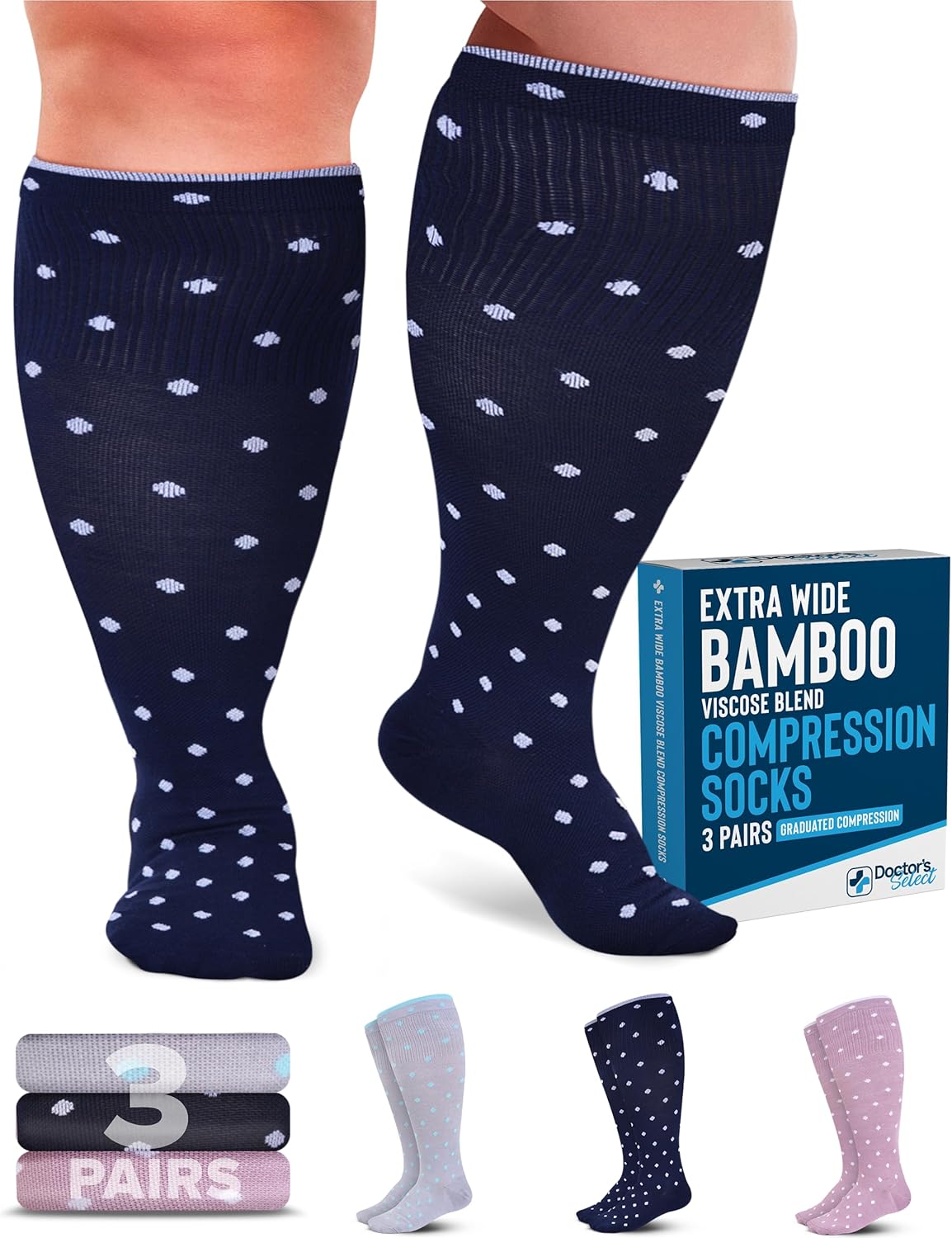 Doctor's Select 3 Pairs Plus Size Compression Socks Wide Calf | Bamboo Viscose K...